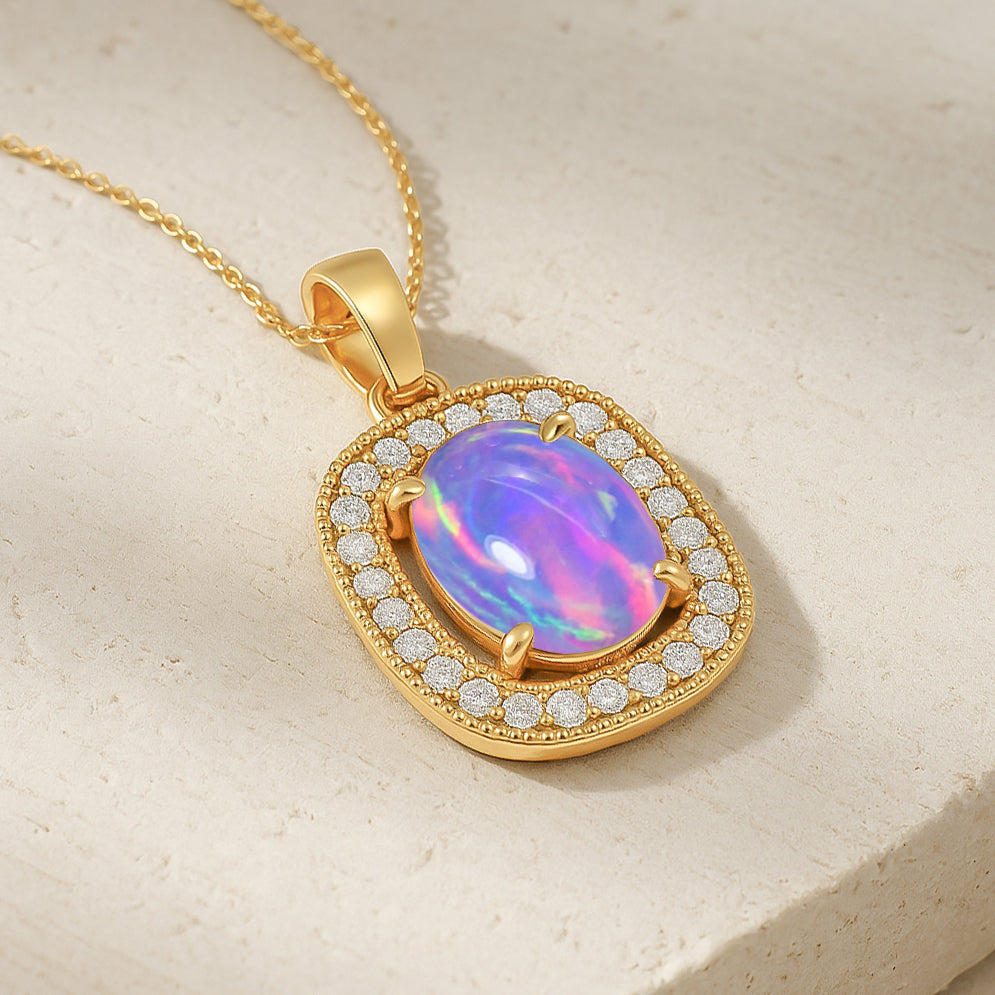 Lavender Opal 9x7mm Oval Halo Pendant Necklace in 925 Silver Chain