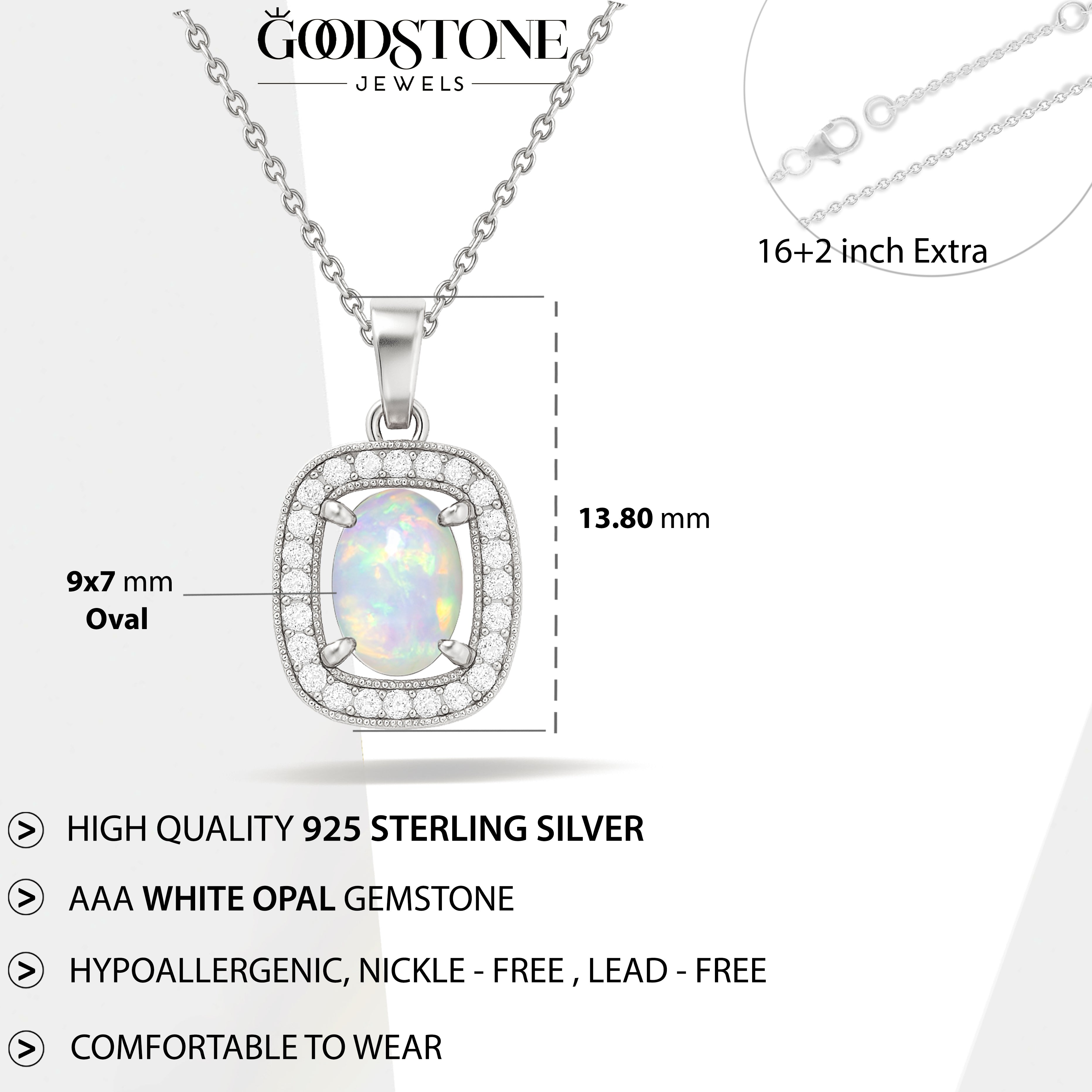 White Opal 9x7mm Oval Halo Pendant Necklace in 925 Silver Chain