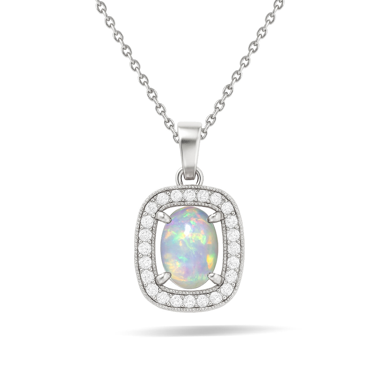 White Opal 9x7mm Oval Halo Pendant Necklace in 925 Silver Chain