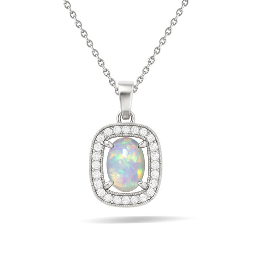 White Opal 9x7mm Oval Halo Pendant Necklace in 925 Silver Chain