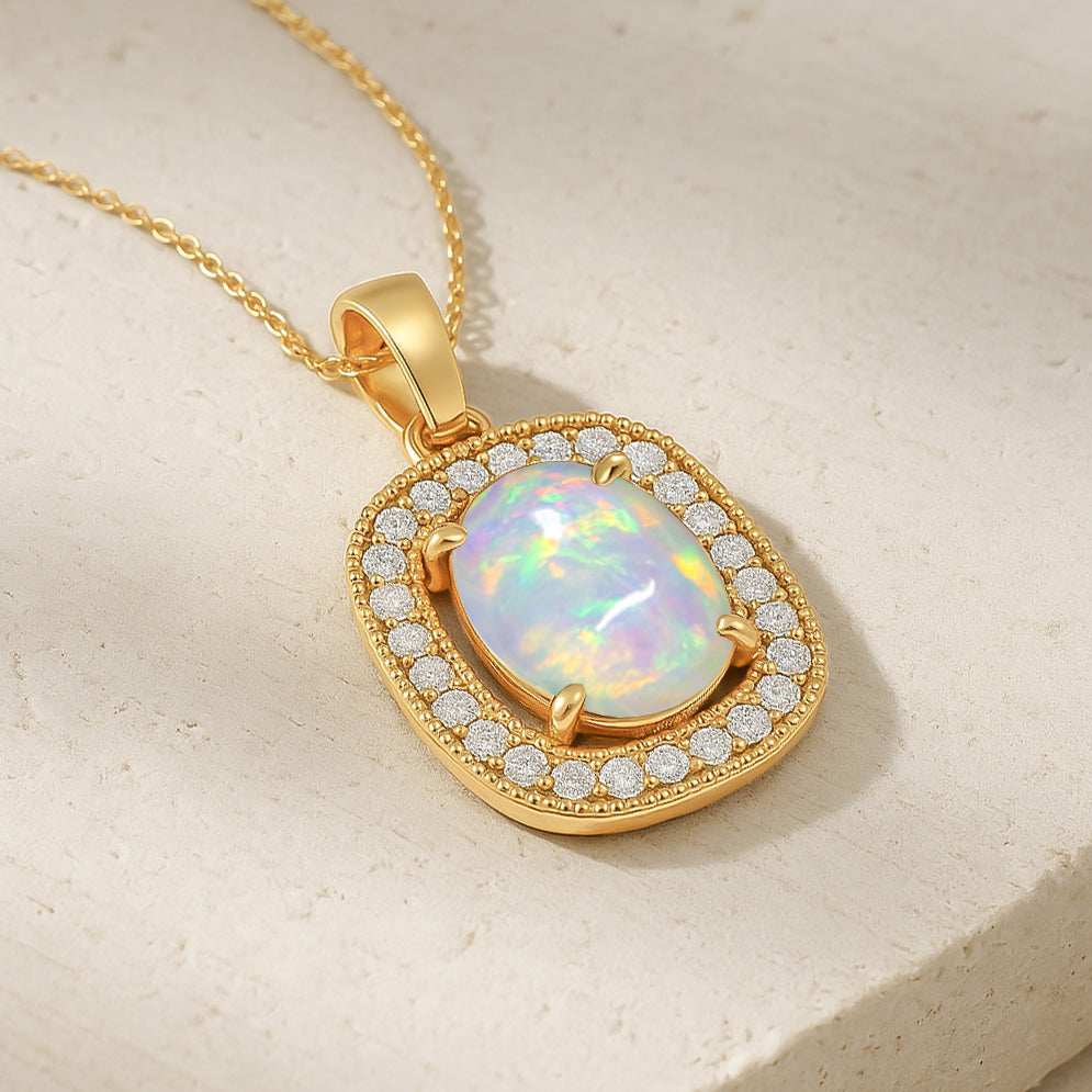 White Opal 9x7mm Oval Halo Pendant Necklace in 925 Silver Chain