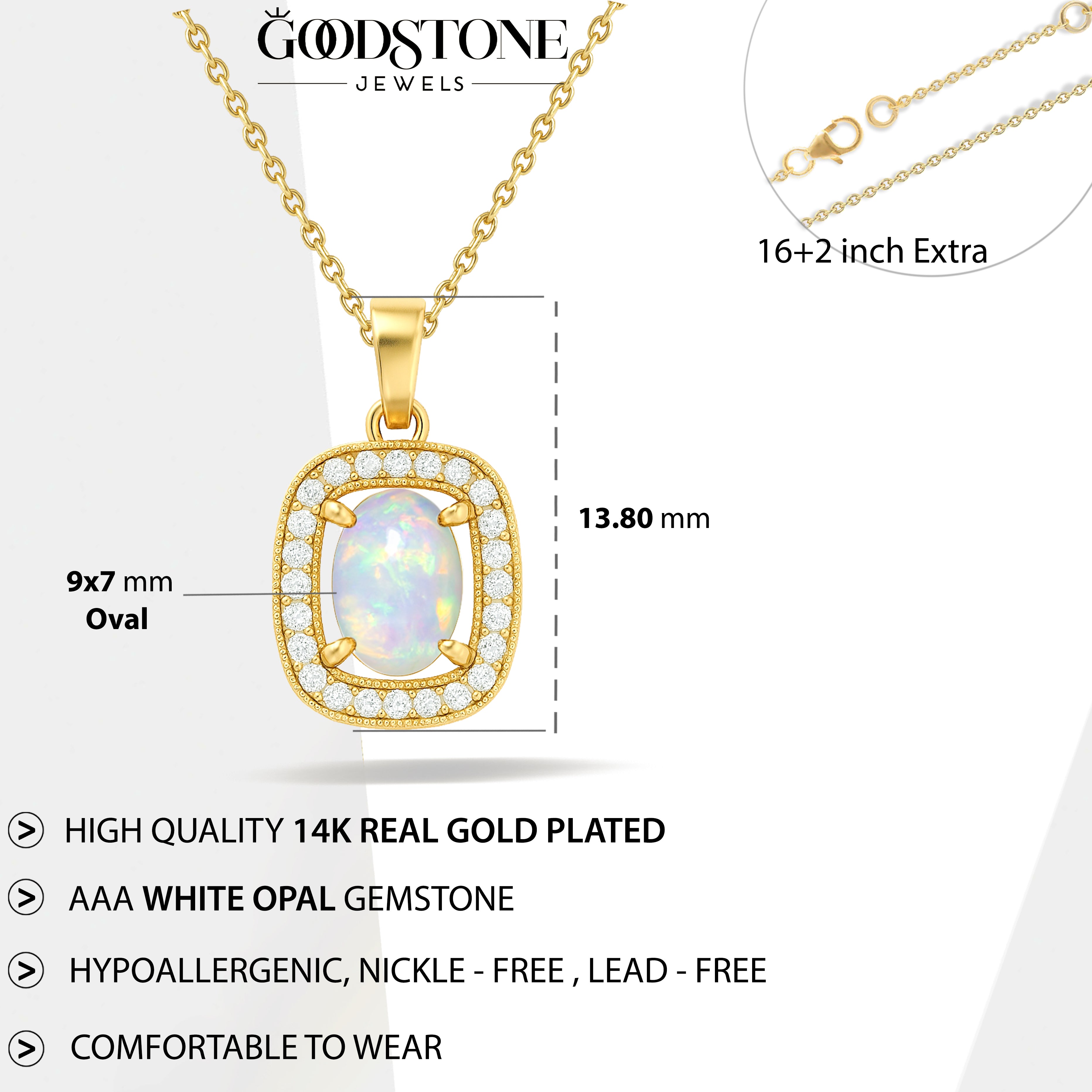 White Opal 9x7mm Oval Halo Pendant Necklace in 925 Silver Chain