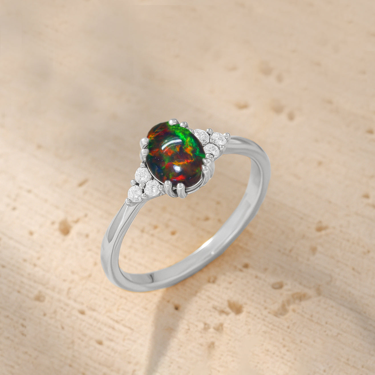 925 Sterling Silver Black Opal Oval Solitaire Ring Fine Jewelry