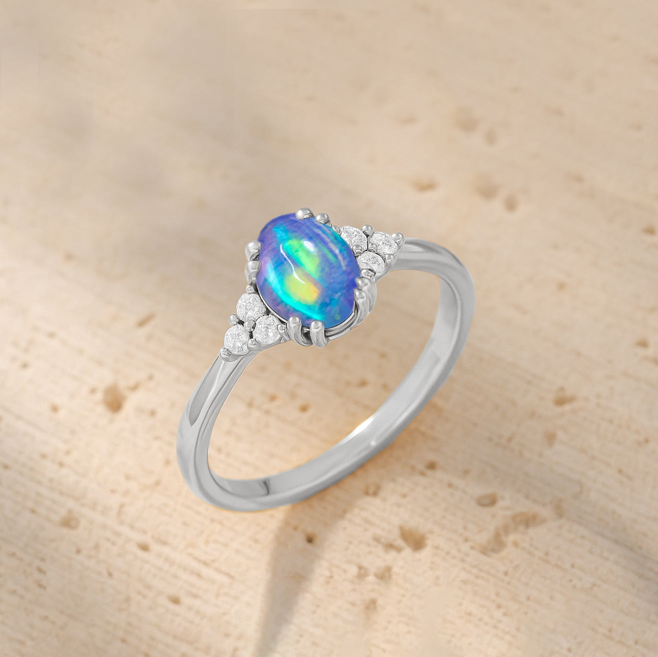 925 Sterling Silver Blue Opal Oval Solitaire Ring Fine Jewelry