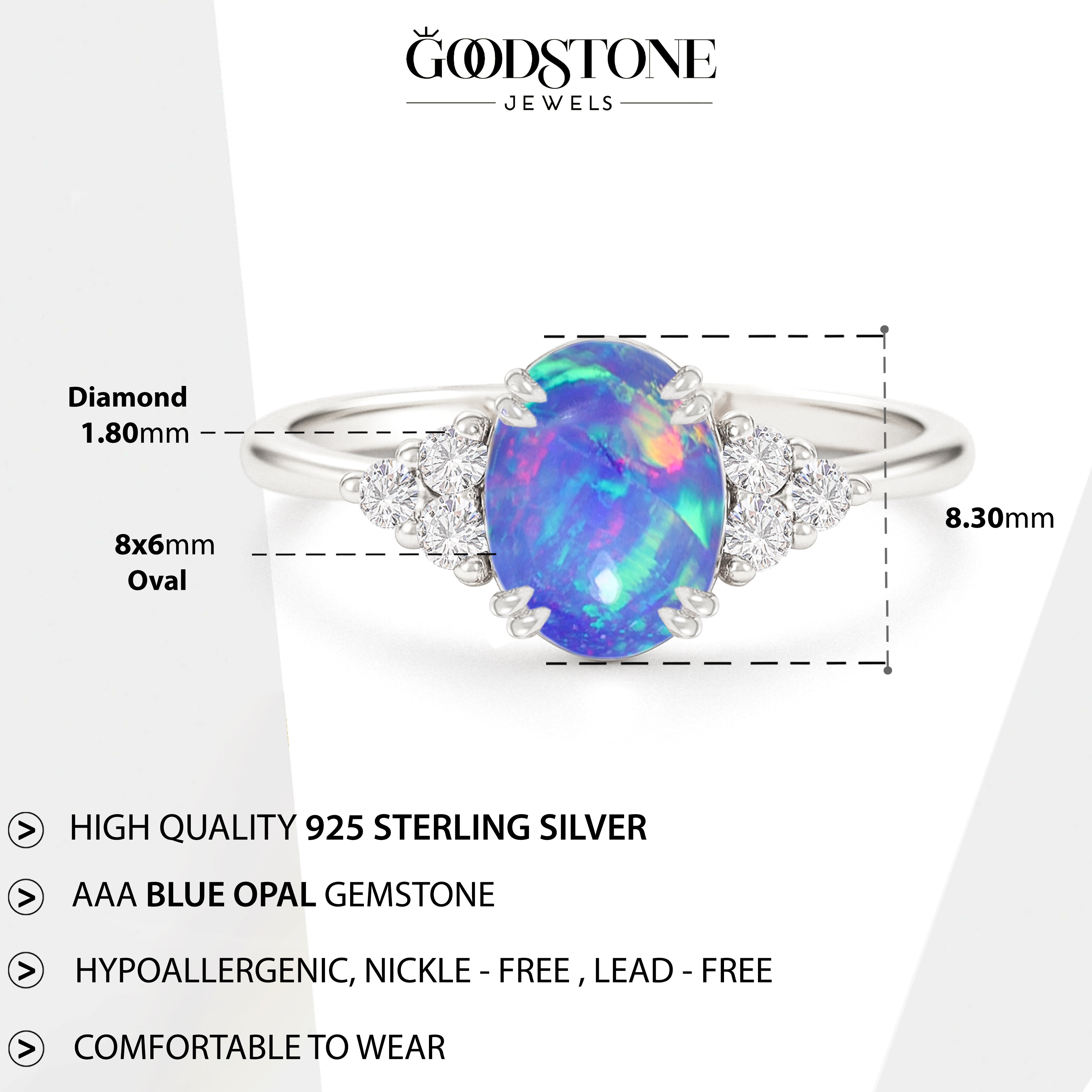 925 Sterling Silver Blue Opal Oval Solitaire Ring Fine Jewelry