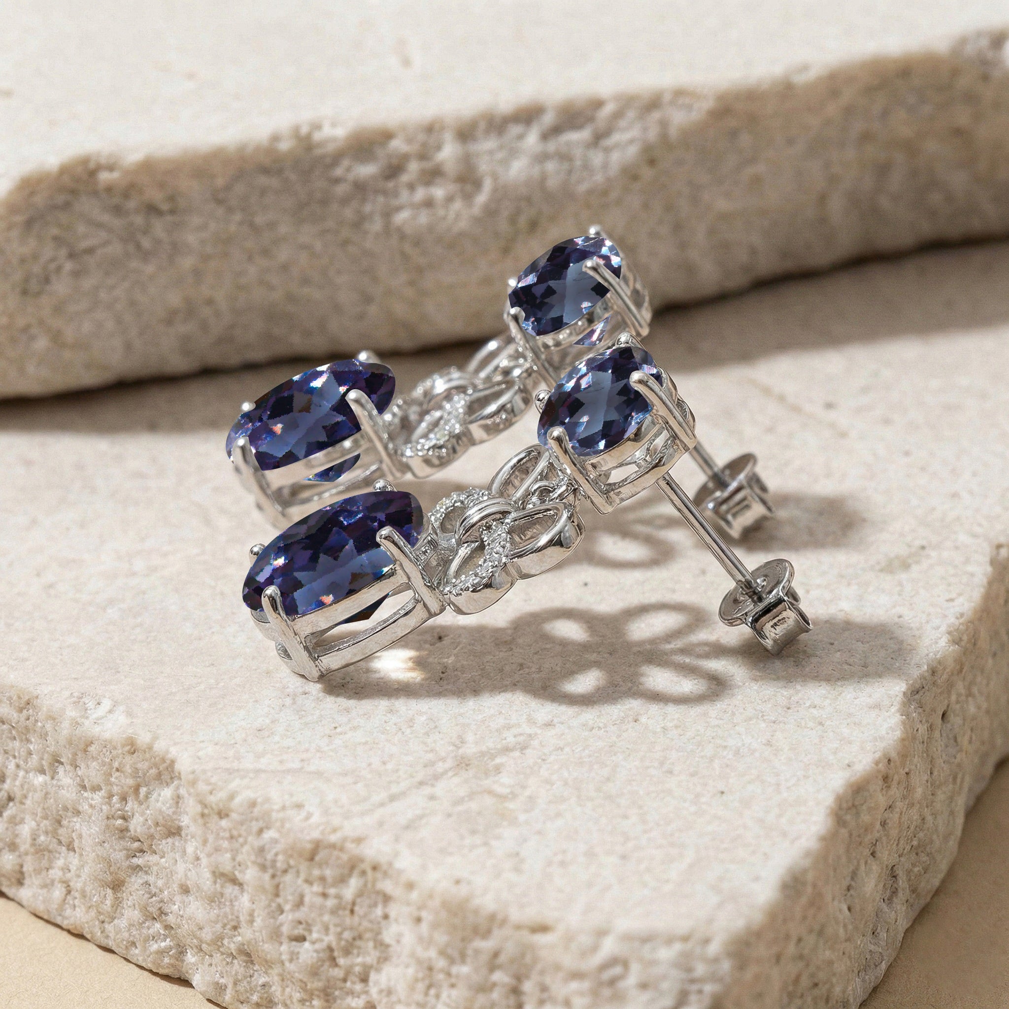 Alexandrite Round and Oval Stud Earring in 925 Sterling Silver 6 MM 5-ct.