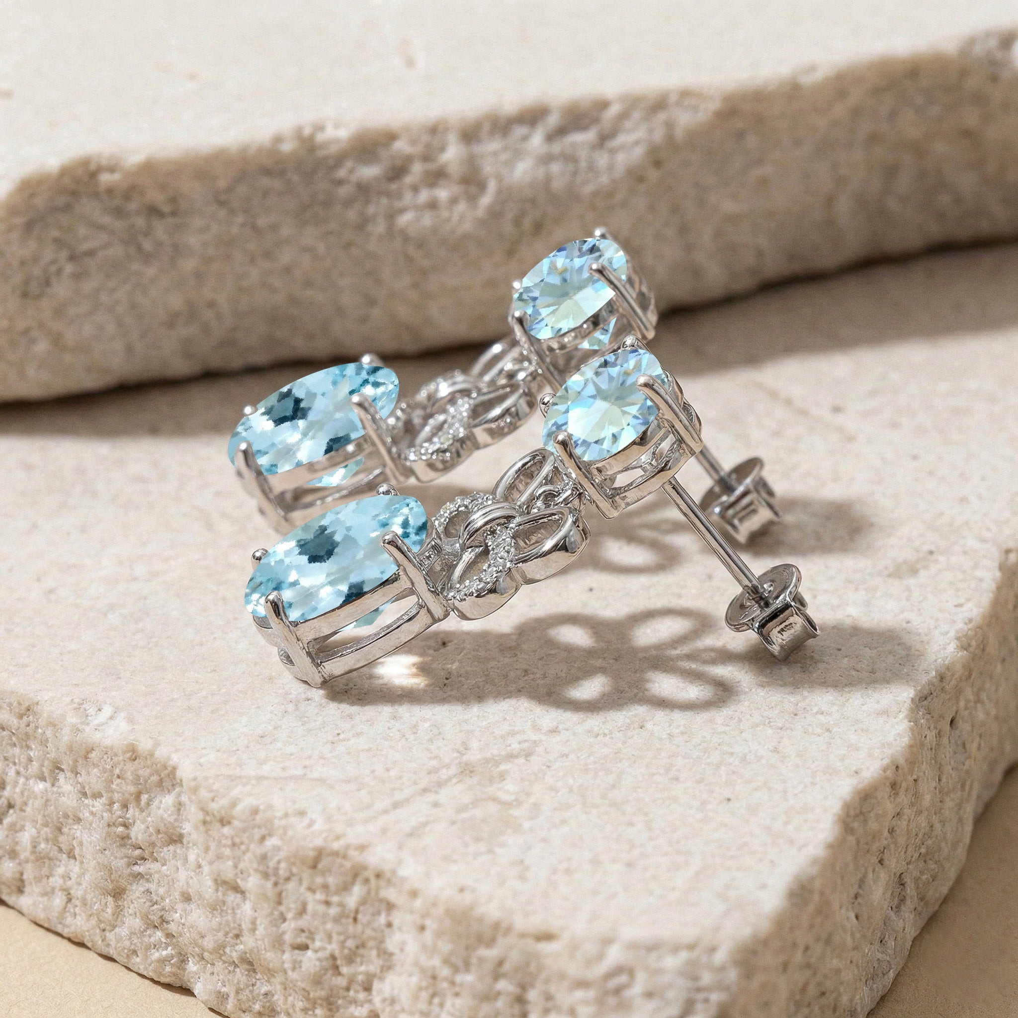 Aquamarine Round and Oval Stud Earring in 925 Sterling Silver 6 MM 5-ct.