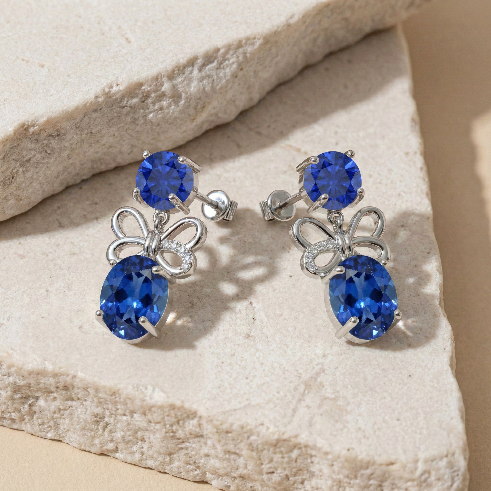 Blue Sapphire Round and Oval Stud Earring in 925 Sterling Silver 6 MM 5-ct.