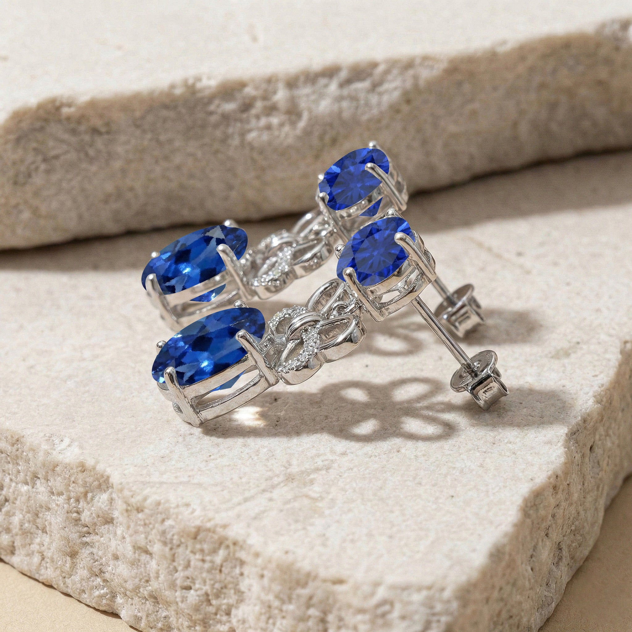 Blue Sapphire Round and Oval Stud Earring in 925 Sterling Silver 6 MM 5-ct.