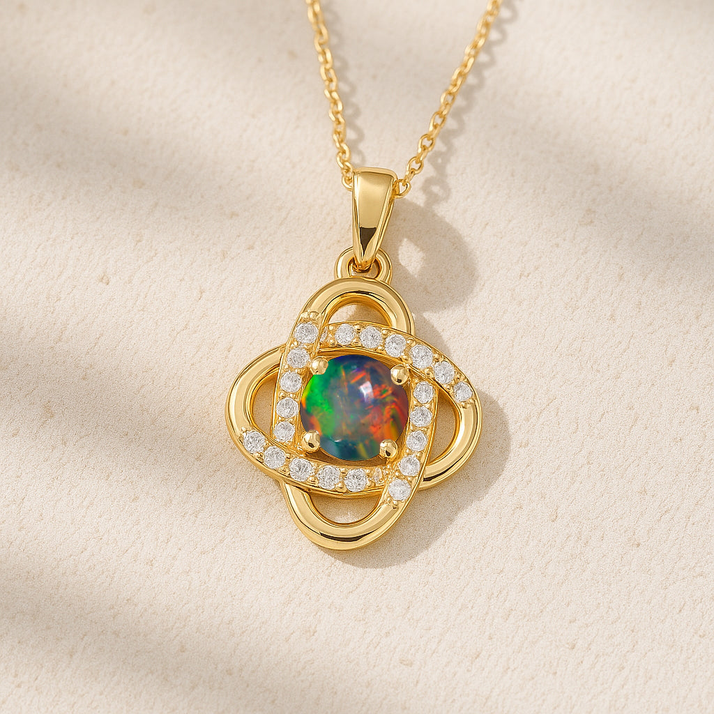 Fire Black Opal Gemstone Statement Pendant Necklace