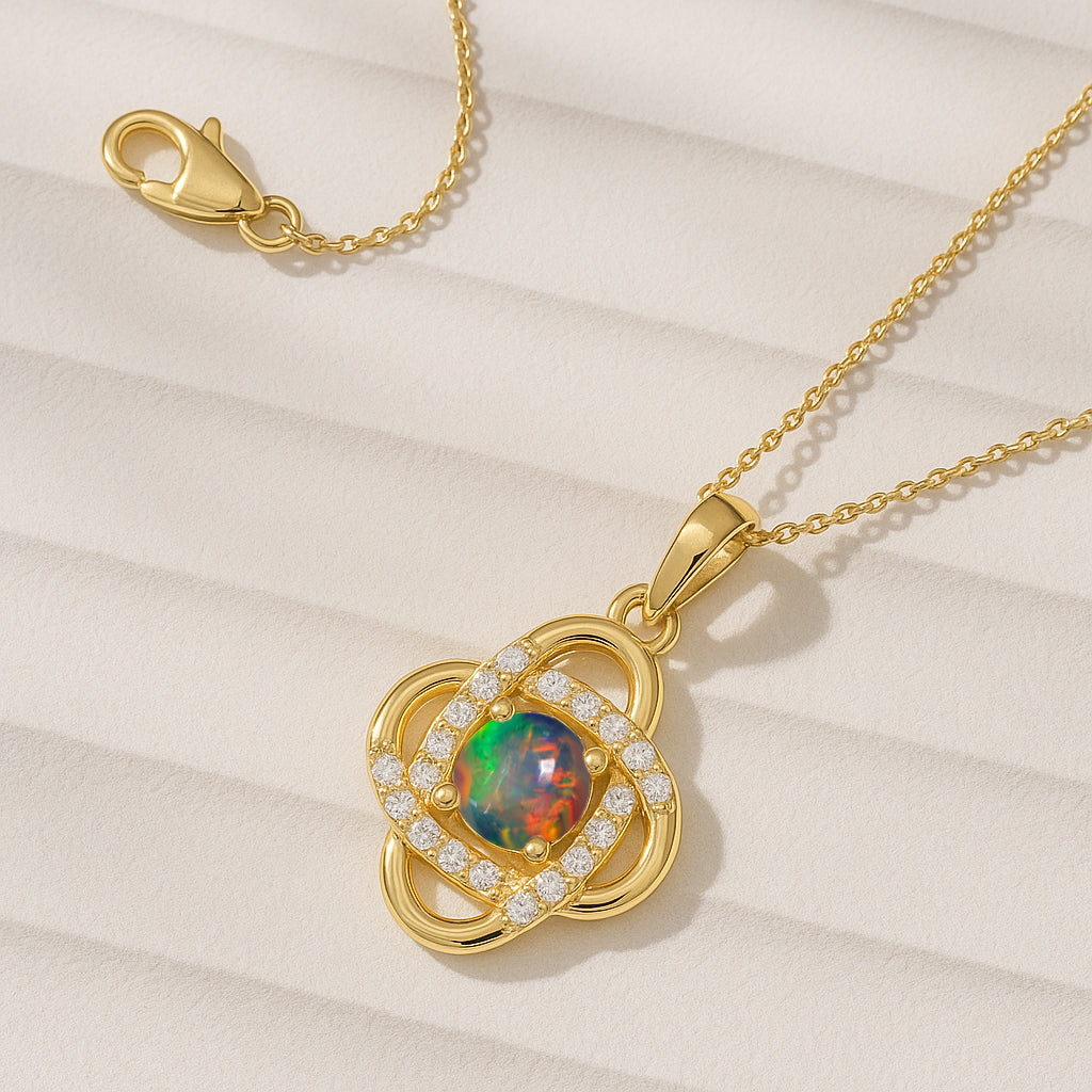 Fire Black Opal Gemstone Statement Pendant Necklace