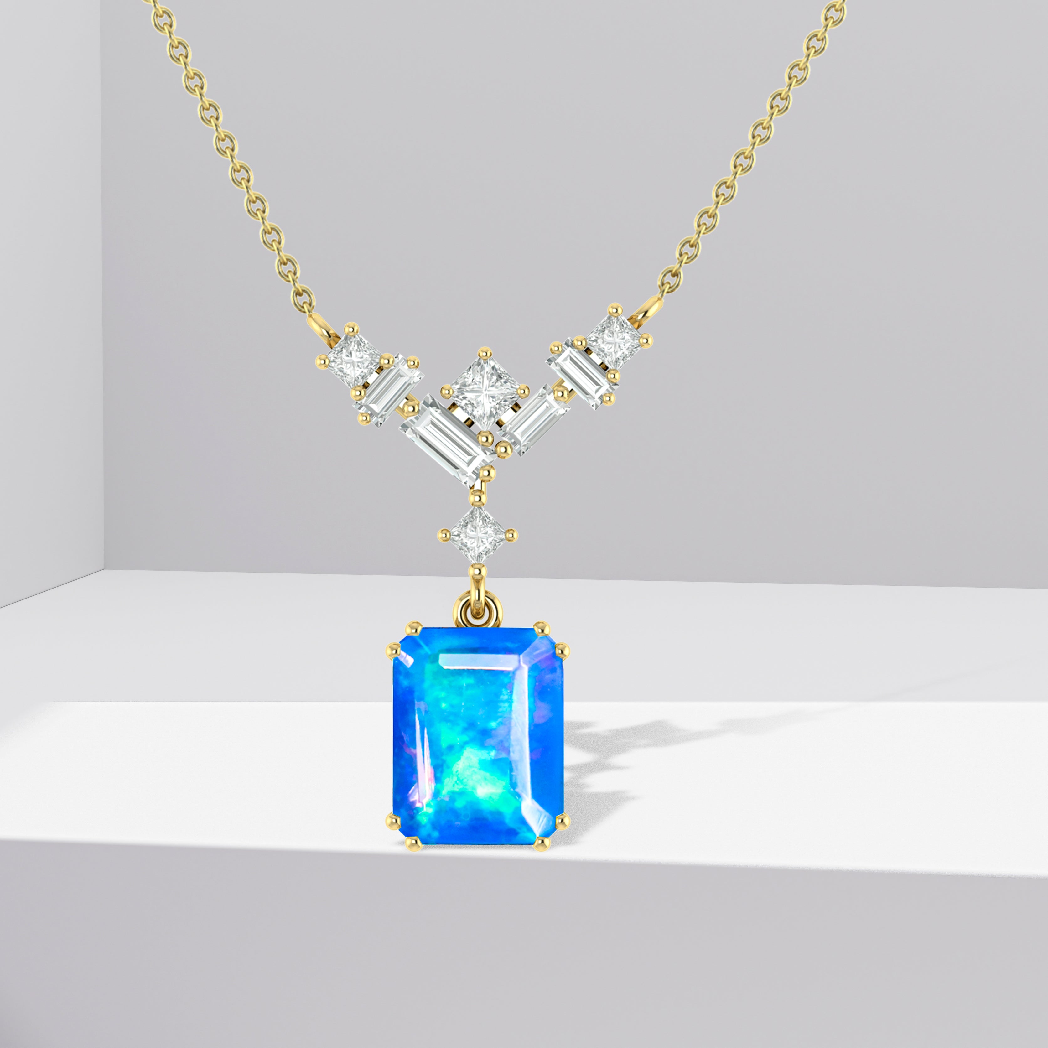 Octagon Multi Fire Opal Pendant Necklace