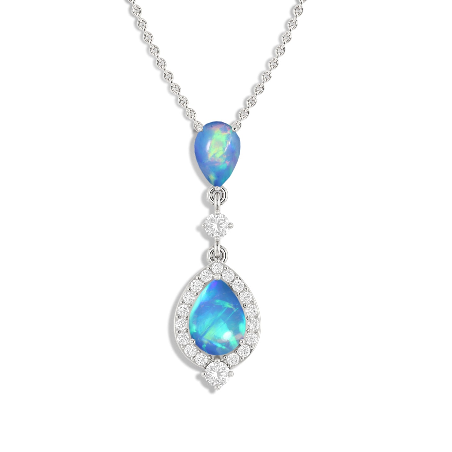 Blue Opal Pear Halo Pendant Necklace in 925 Sterling Silver