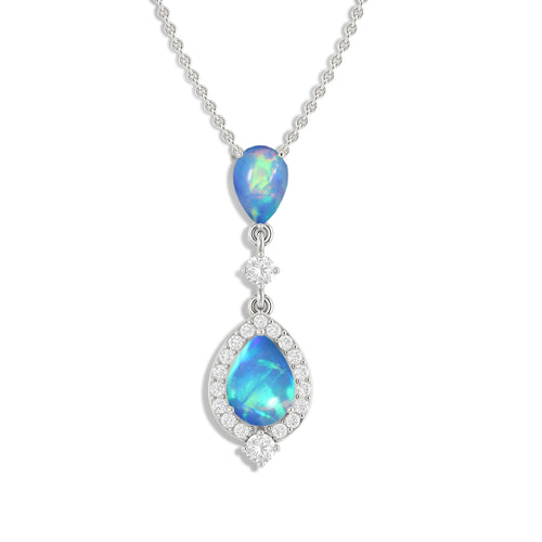 Blue Opal Pear Halo Pendant Necklace in 925 Sterling Silver