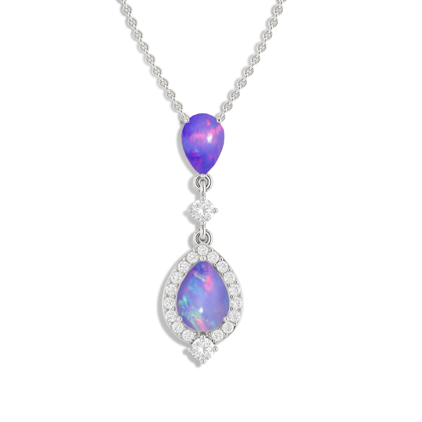 Lavender Opal Pear Halo Pendant Necklace in 925 Sterling Silver
