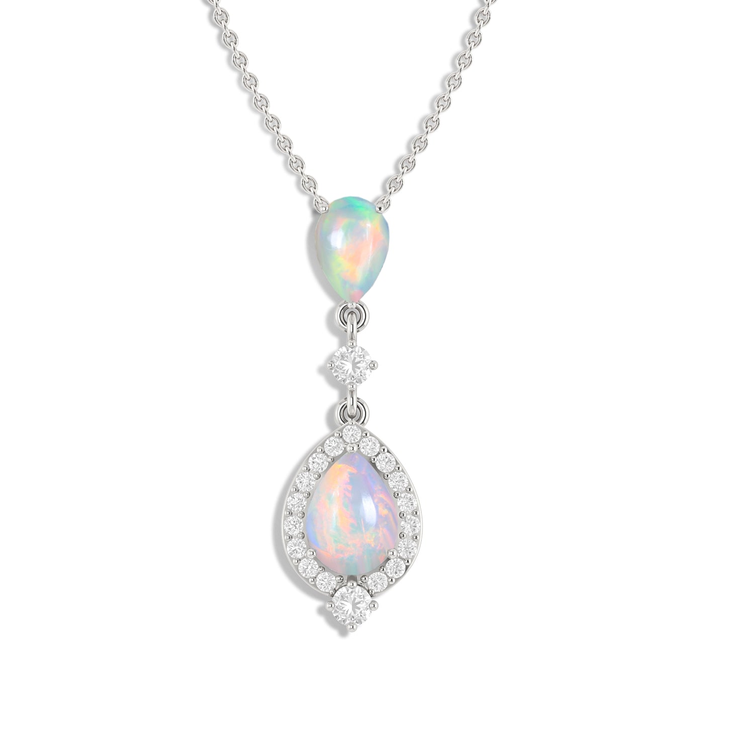 White Opal Pear Halo Pendant Necklace in 925 Sterling Silver