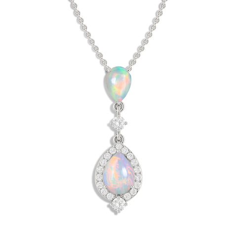 White Opal Pear Halo Pendant Necklace in 925 Sterling Silver