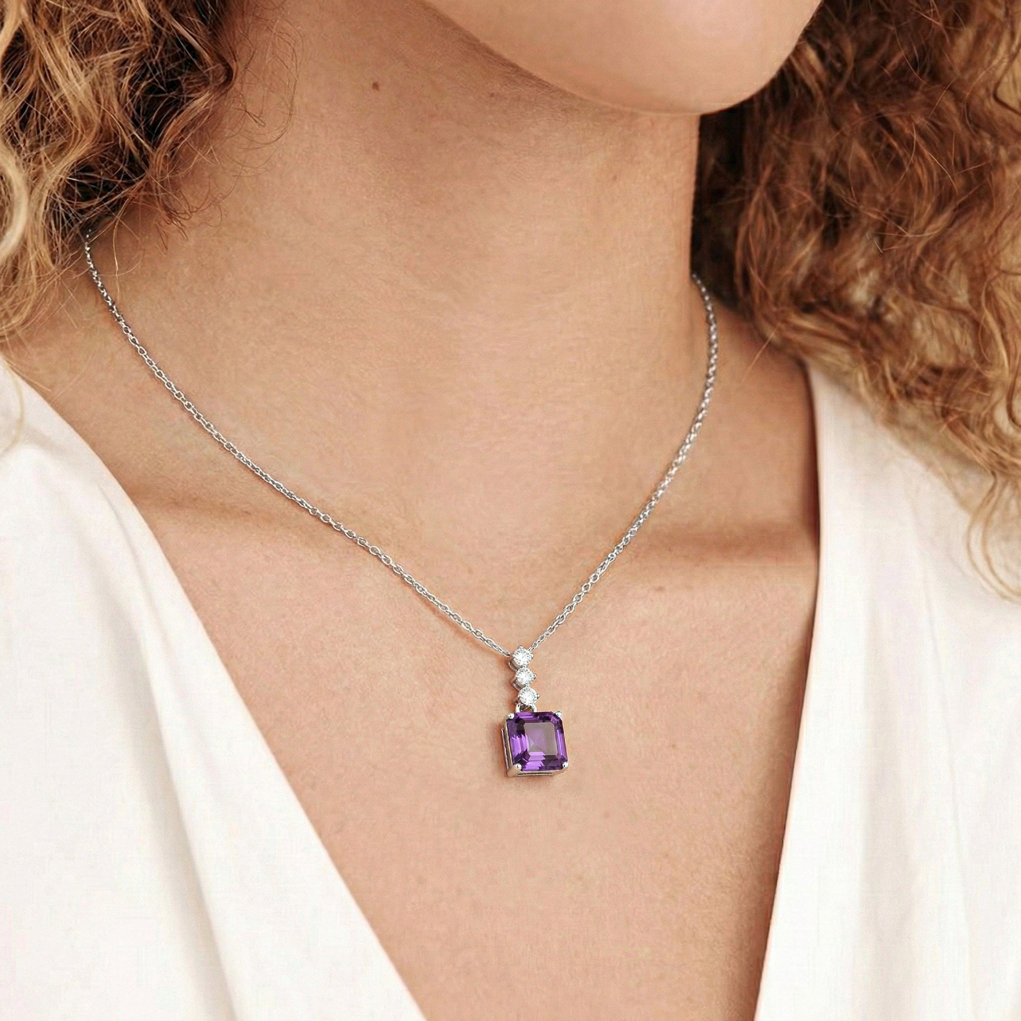 Amethyst Octagon Solitaire Pendant Necklace in 925 Sterling Silver 8 MM 2ct