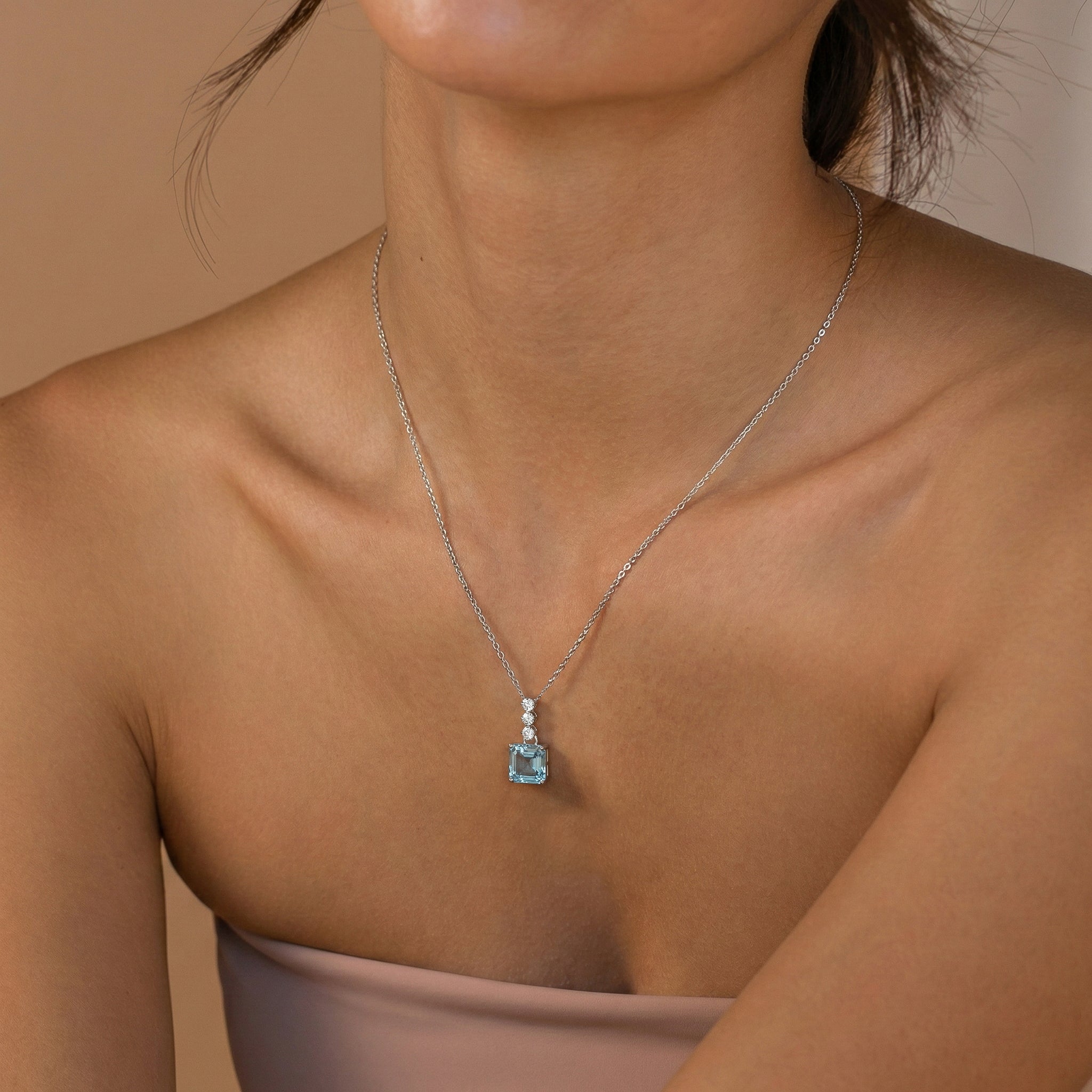 Aquamarine Octagon Solitaire Pendant Necklace in 925 Sterling Silver 8 MM 2ct