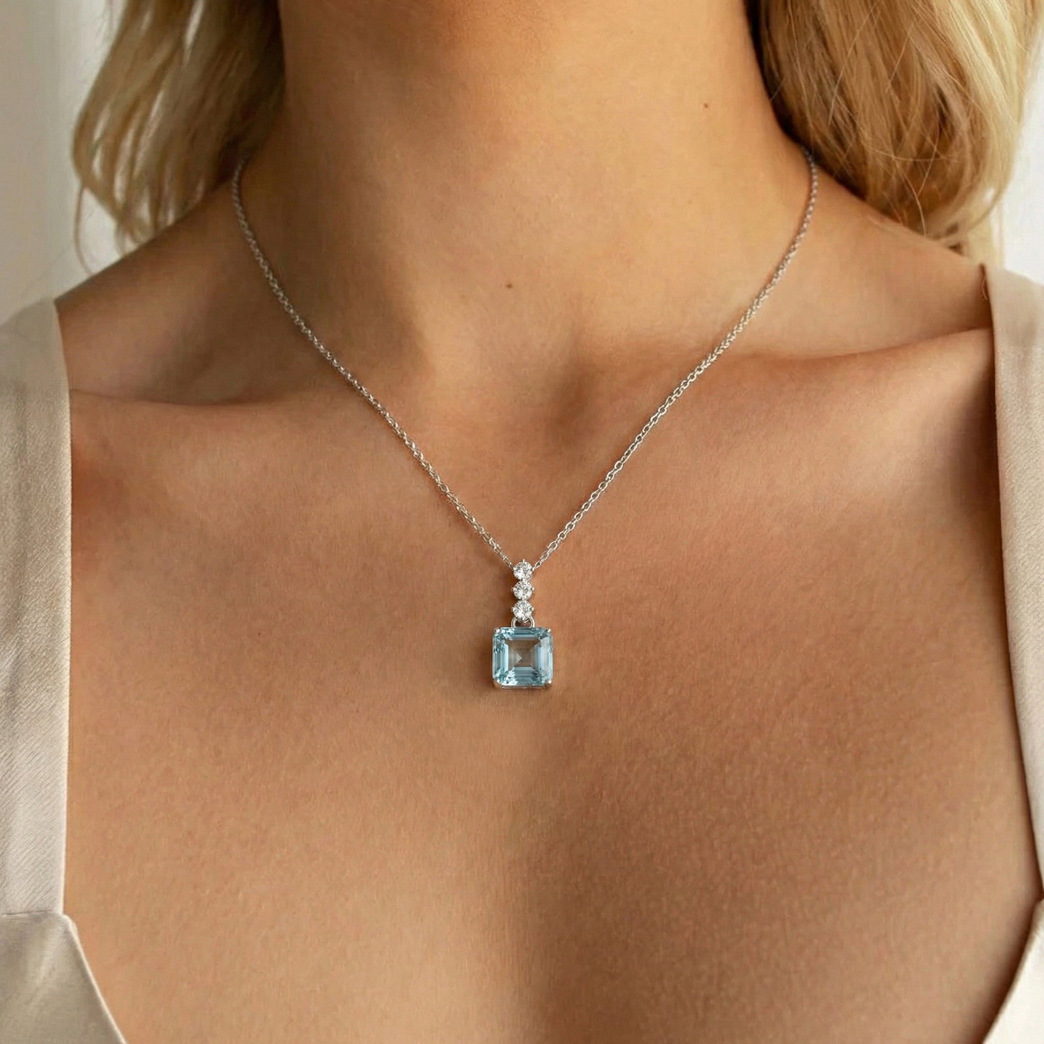 Aquamarine Octagon Solitaire Pendant Necklace in 925 Sterling Silver 8 MM 2ct