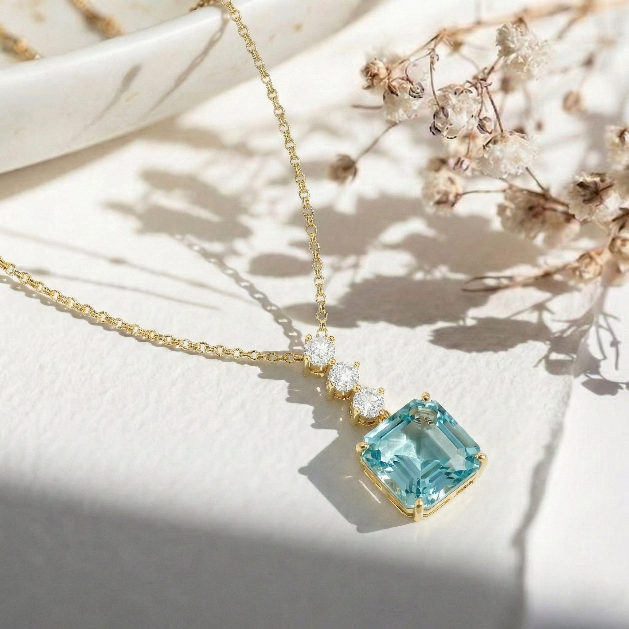 Aquamarine Octagon Solitaire Pendant Necklace in 925 Sterling Silver 8 MM 2ct