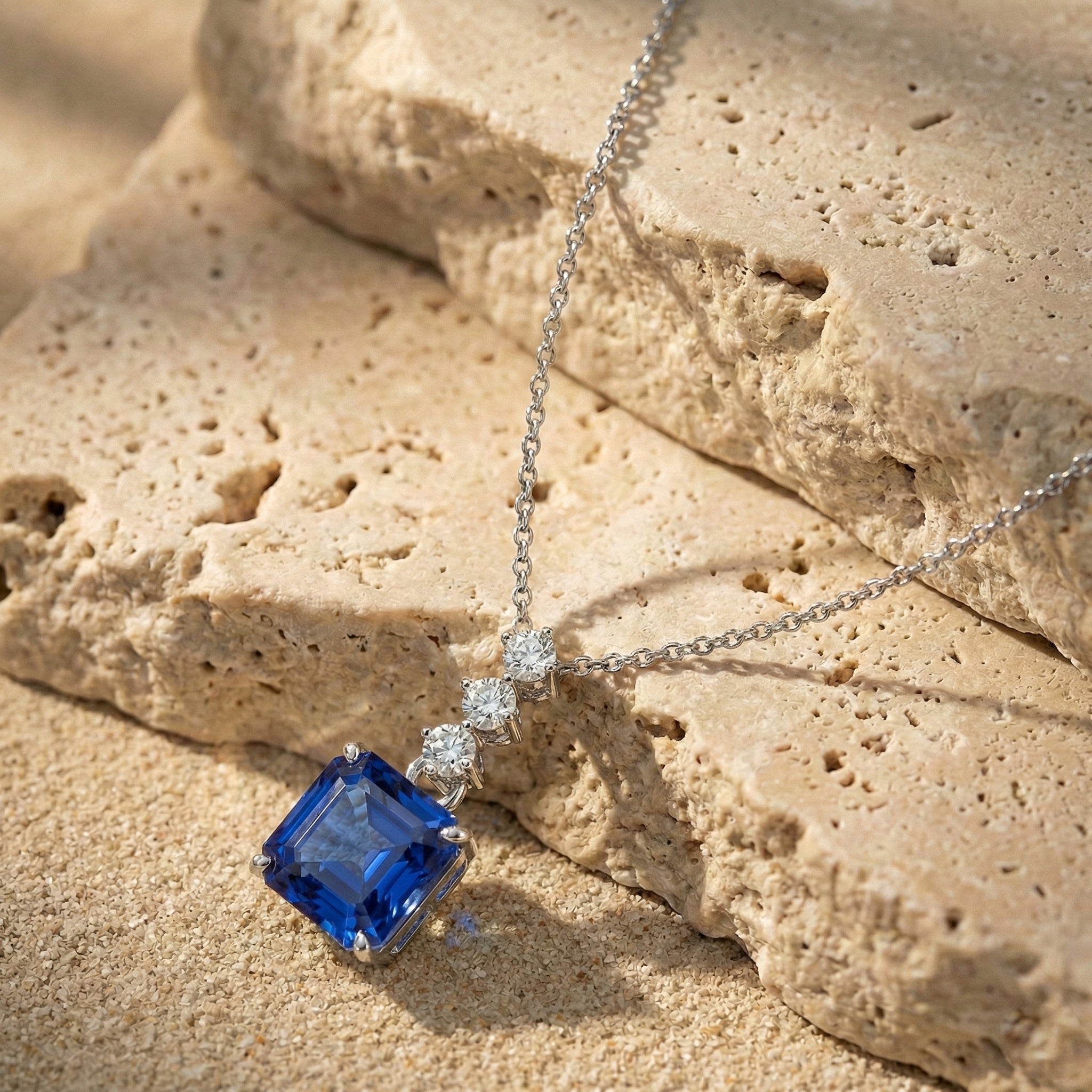 Blue Sapphire Octagon Solitaire Pendant Necklace in 925 Sterling Silver 8 MM 2ct