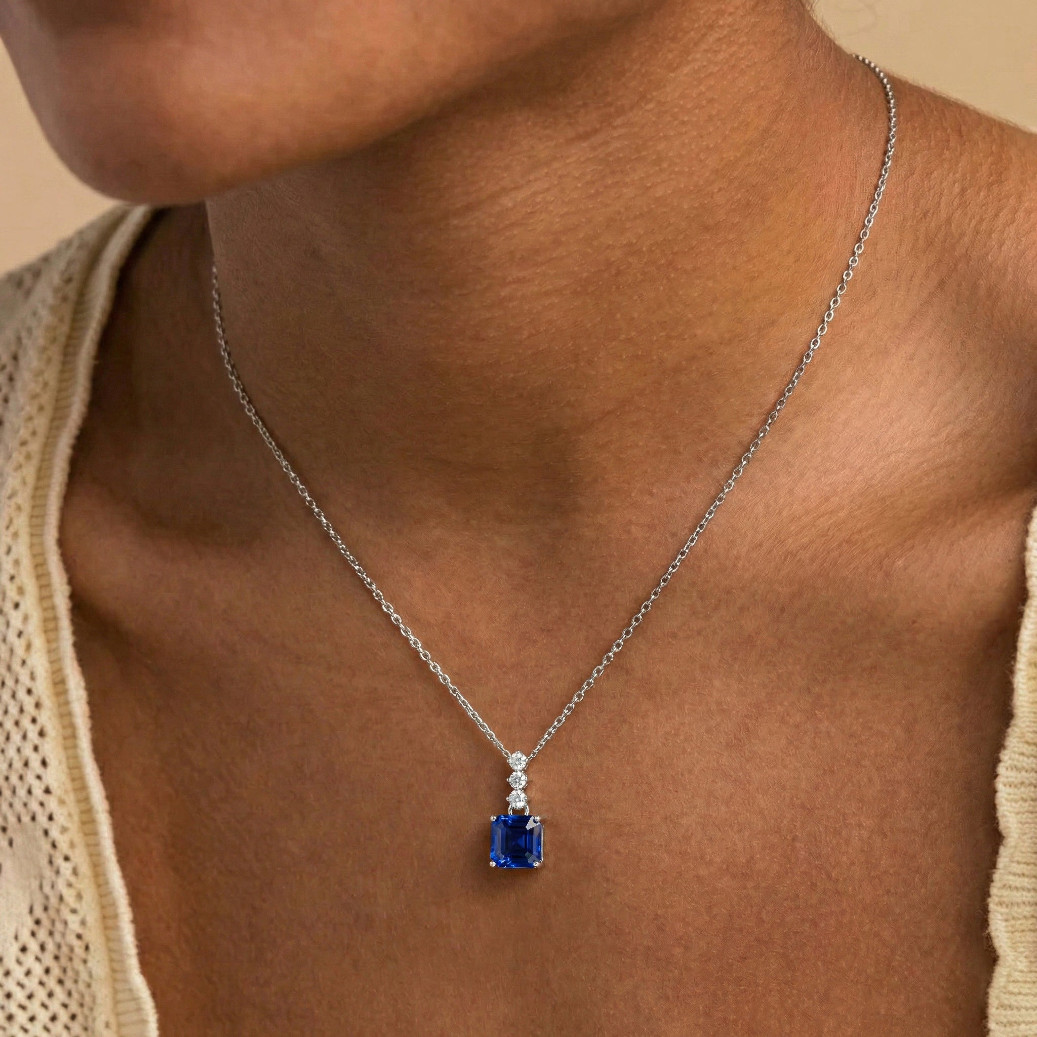 Blue Sapphire Octagon Solitaire Pendant Necklace in 925 Sterling Silver 8 MM 2ct