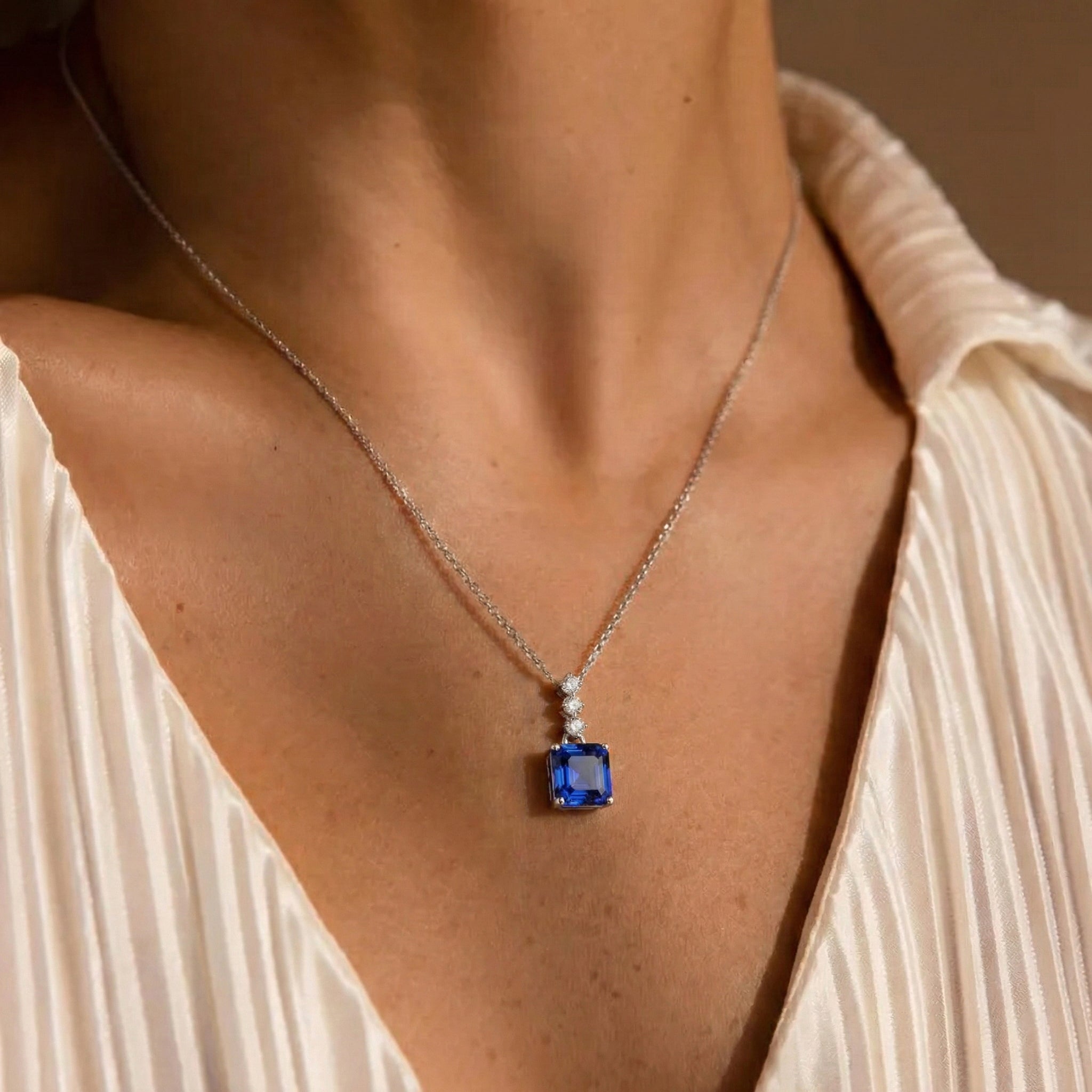 Blue Sapphire Octagon Solitaire Pendant Necklace in 925 Sterling Silver 8 MM 2ct