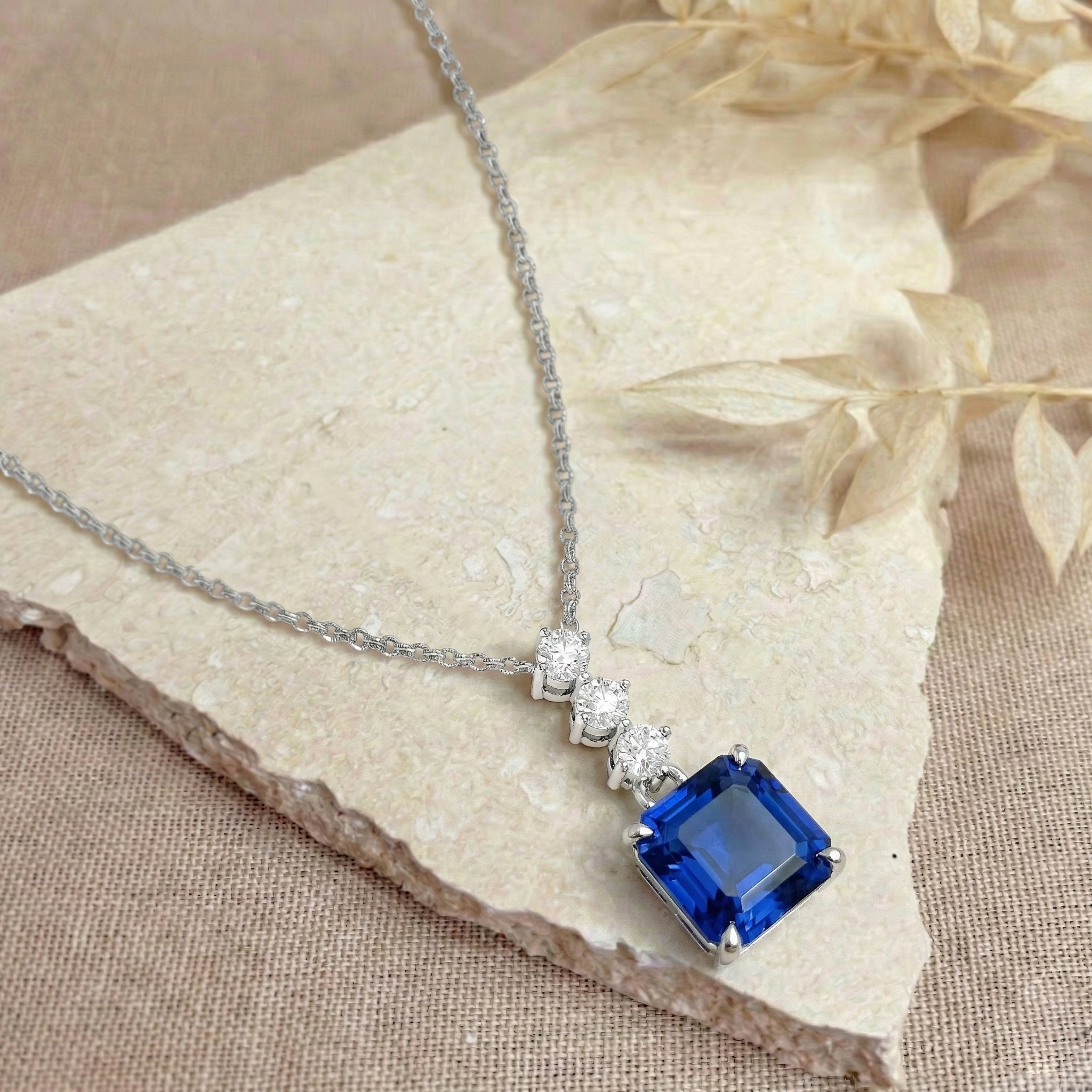 Blue Sapphire Octagon Solitaire Pendant Necklace in 925 Sterling Silver 8 MM 2ct