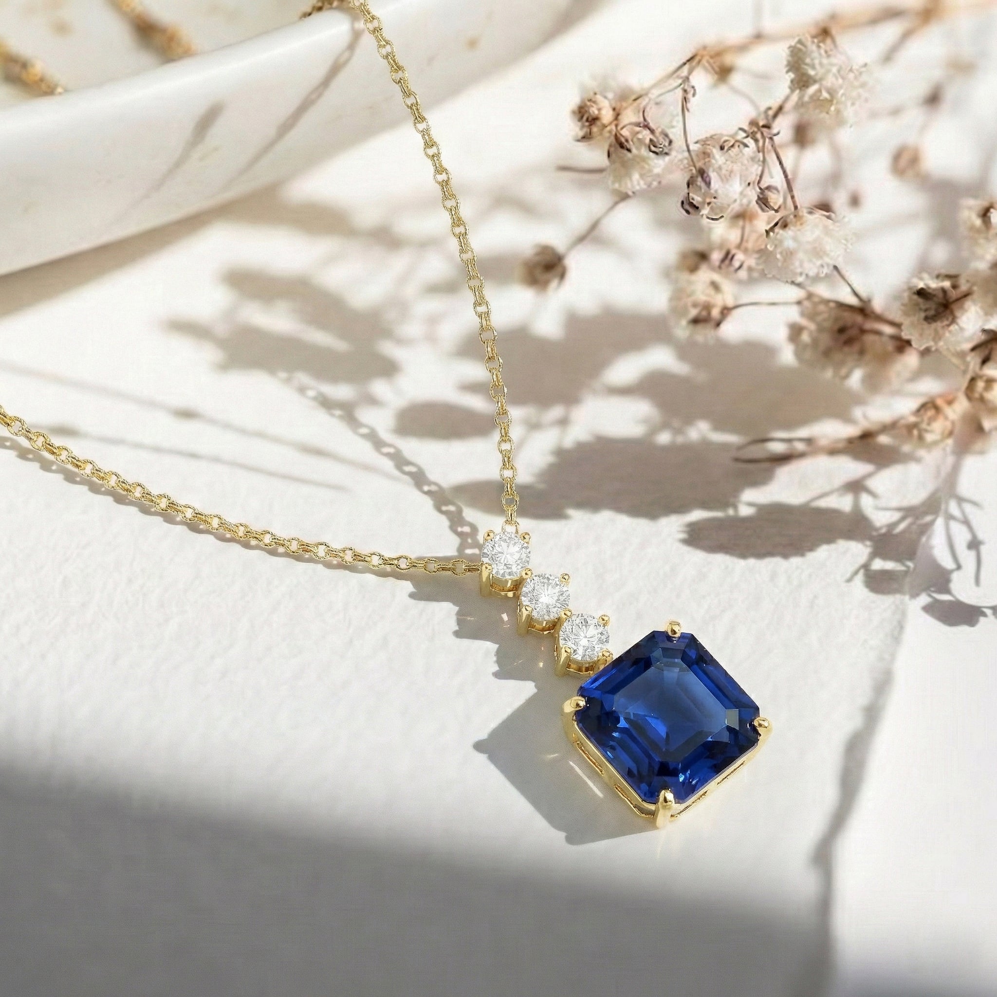 Blue Sapphire Octagon Solitaire Pendant Necklace in 925 Sterling Silver 8 MM 2ct