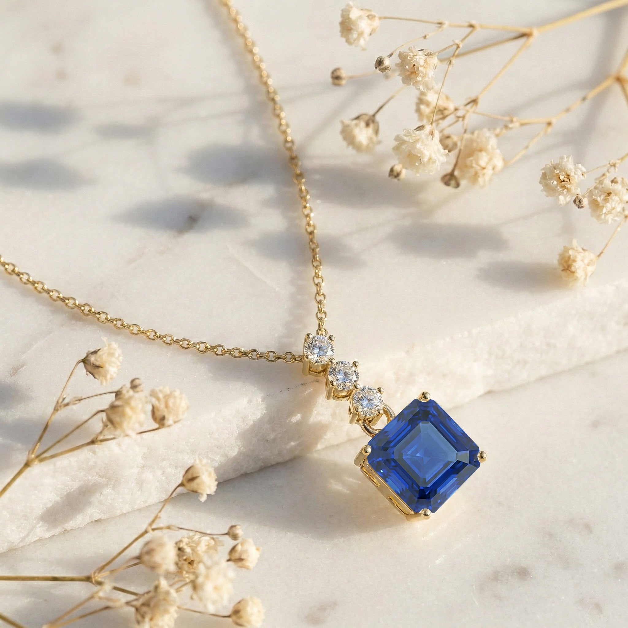 Blue Sapphire Octagon Solitaire Pendant Necklace in 925 Sterling Silver 8 MM 2ct