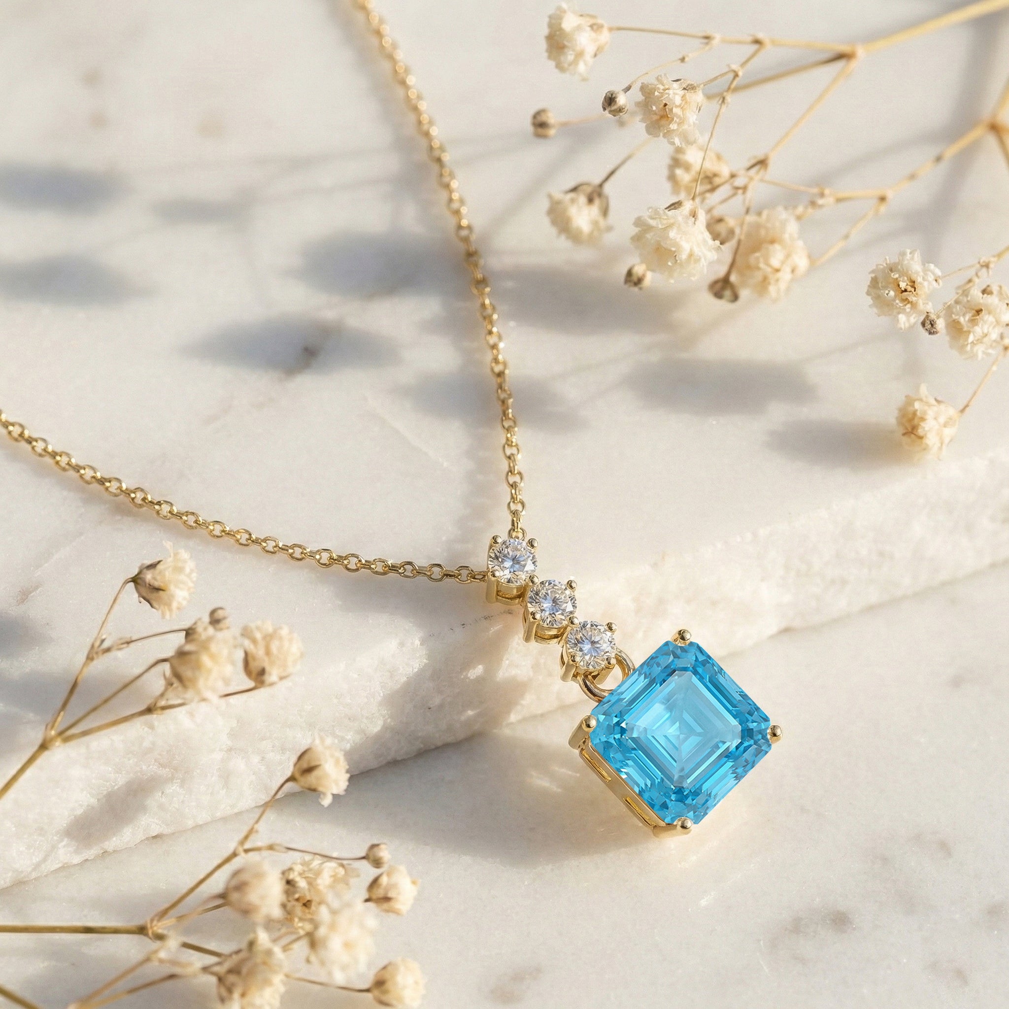 Blue Topaz Octagon Solitaire Pendant Necklace in 925 Sterling Silver 8 MM 2ct