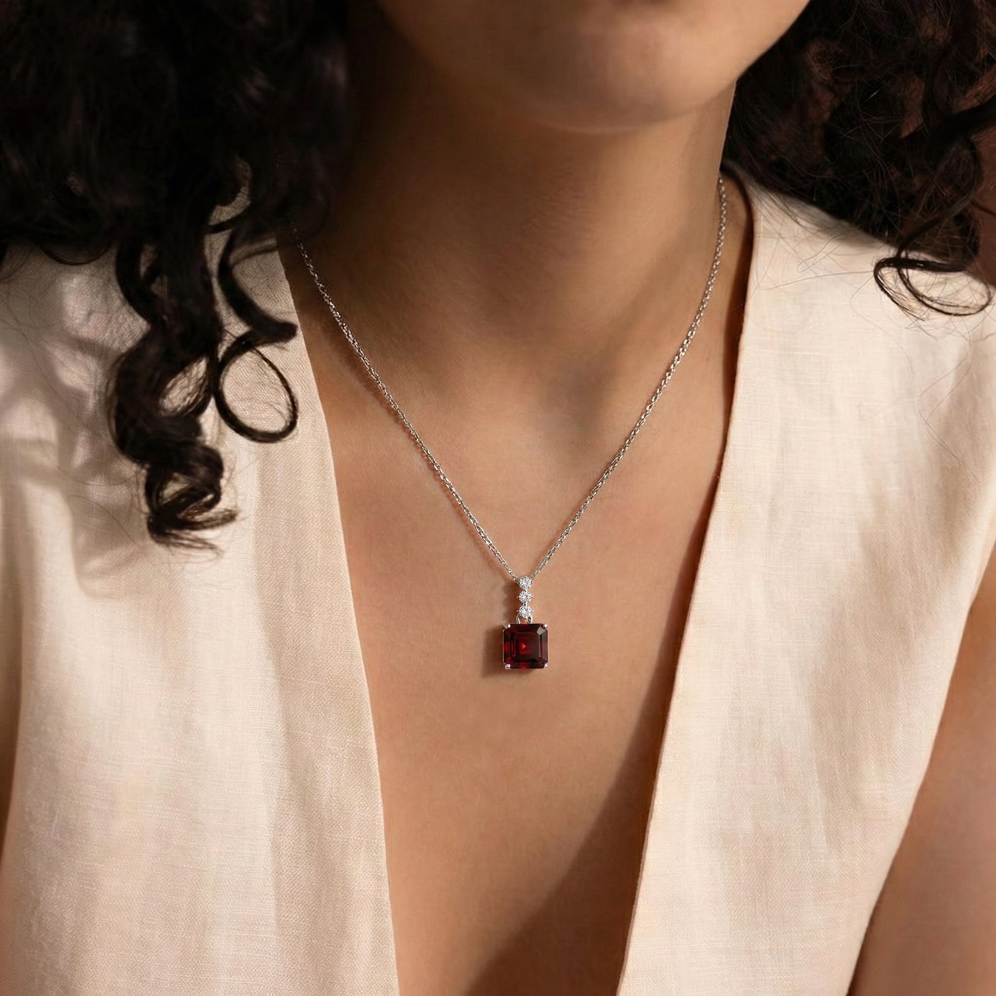 Garnet Octagon Solitaire Pendant Necklace in 925 Sterling Silver 8 MM 2ct