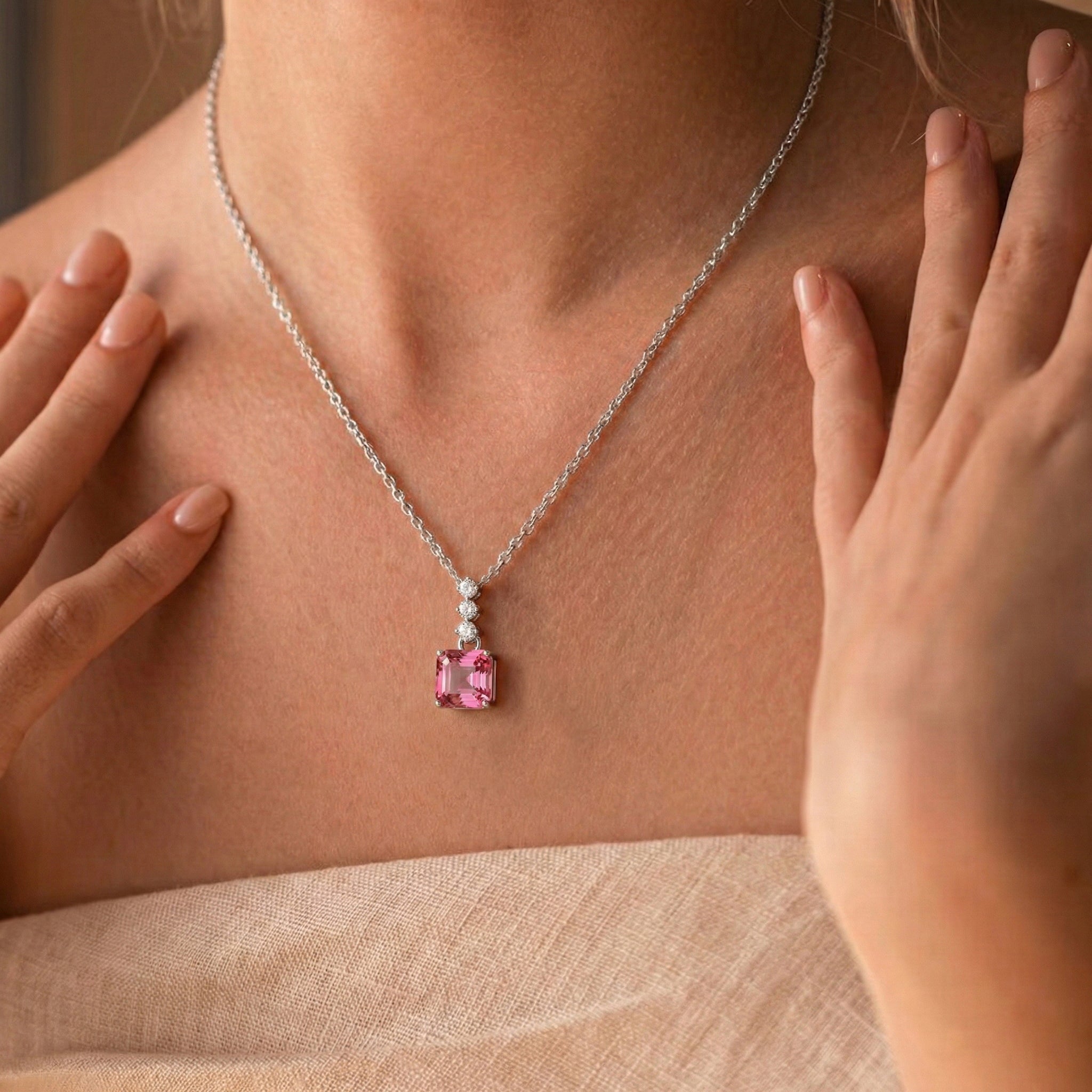 Pink Tourmaline Octagon Solitaire Pendant Necklace in 925 Sterling Silver 8 MM 2ct