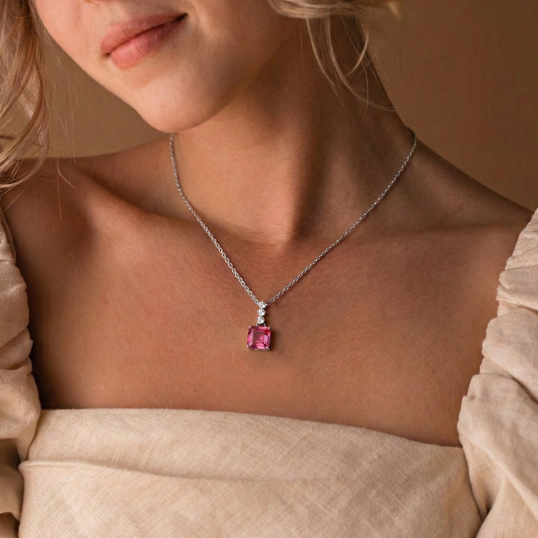 Pink Tourmaline Octagon Solitaire Pendant Necklace in 925 Sterling Silver 8 MM 2ct