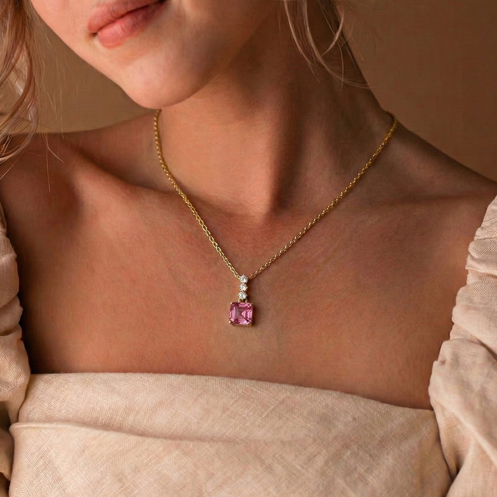 Pink Tourmaline Octagon Solitaire Pendant Necklace in 925 Sterling Silver 8 MM 2ct