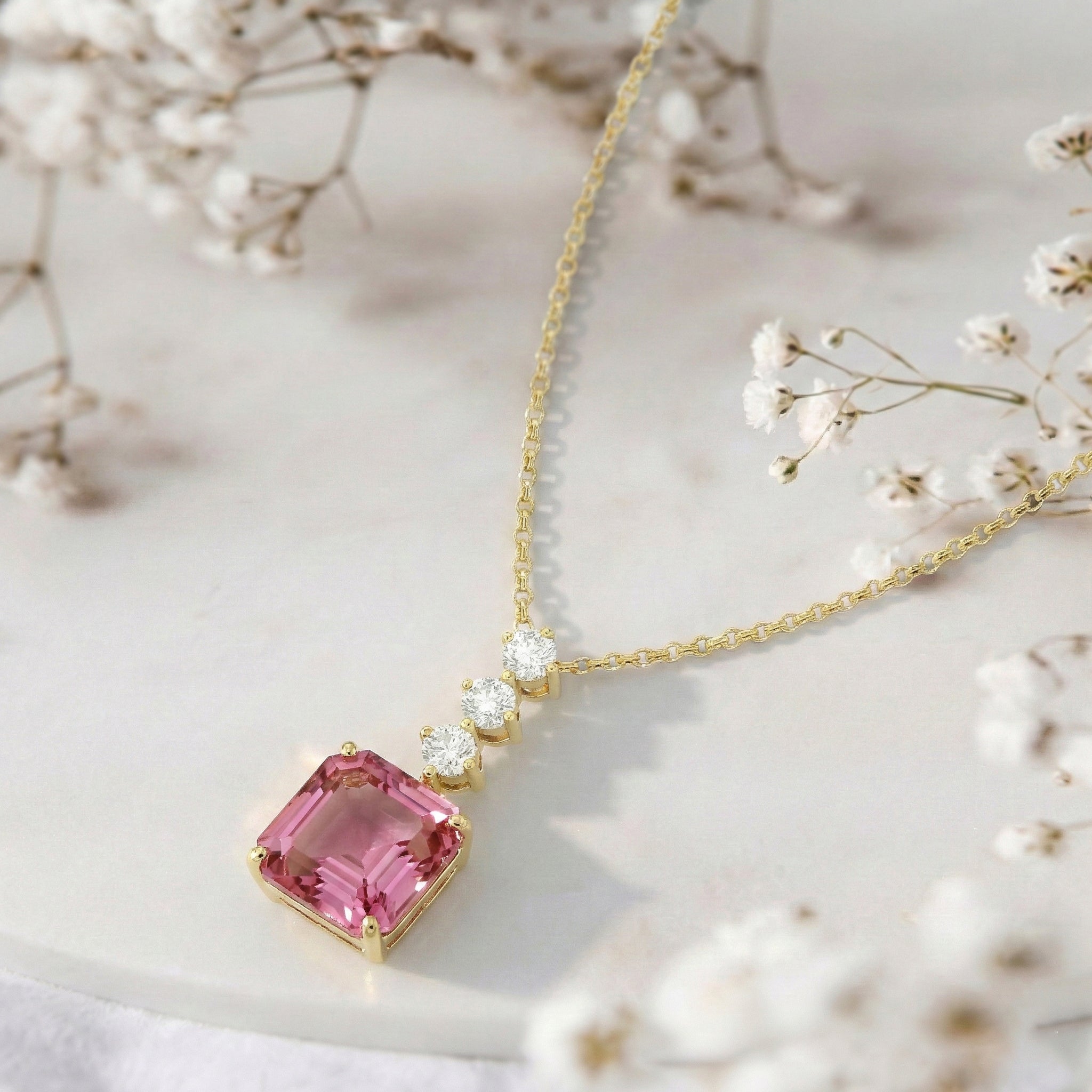 Pink Tourmaline Octagon Solitaire Pendant Necklace in 925 Sterling Silver 8 MM 2ct