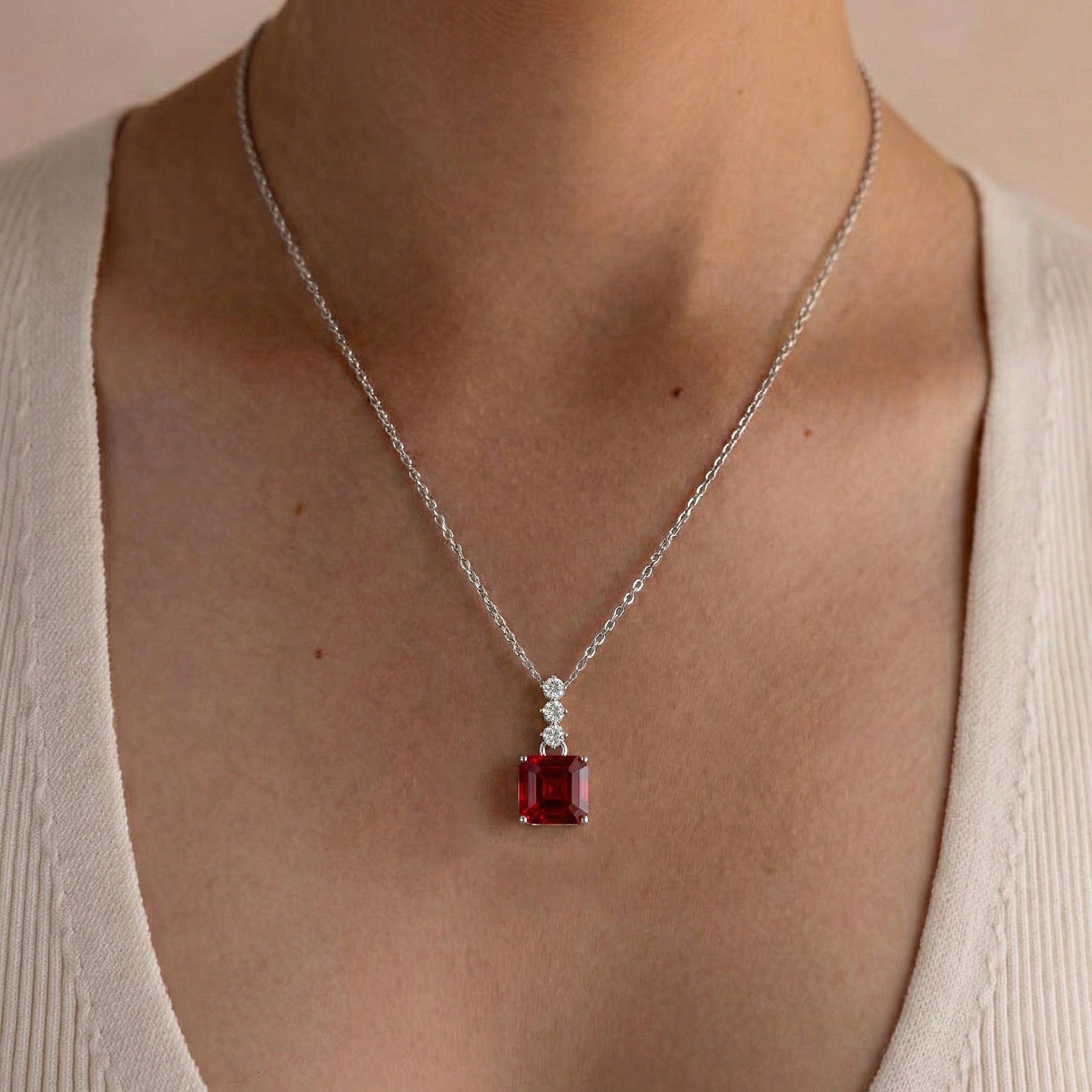 Ruby Octagon Solitaire Pendant Necklace in 925 Sterling Silver 8 MM 2ct