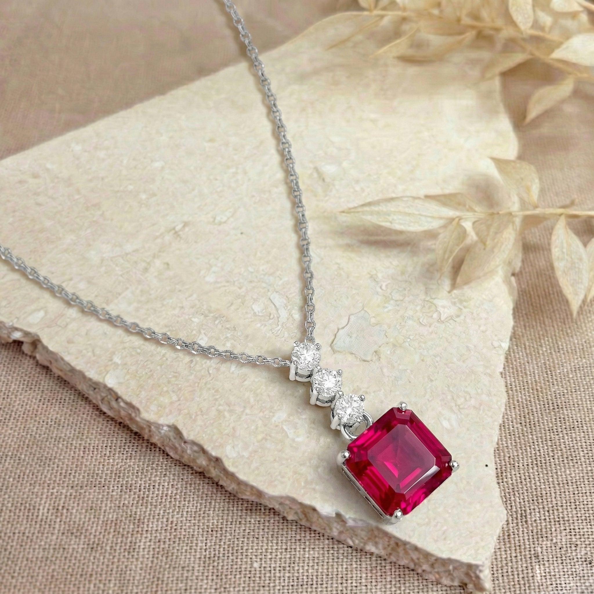 Ruby Octagon Solitaire Pendant Necklace in 925 Sterling Silver 8 MM 2ct