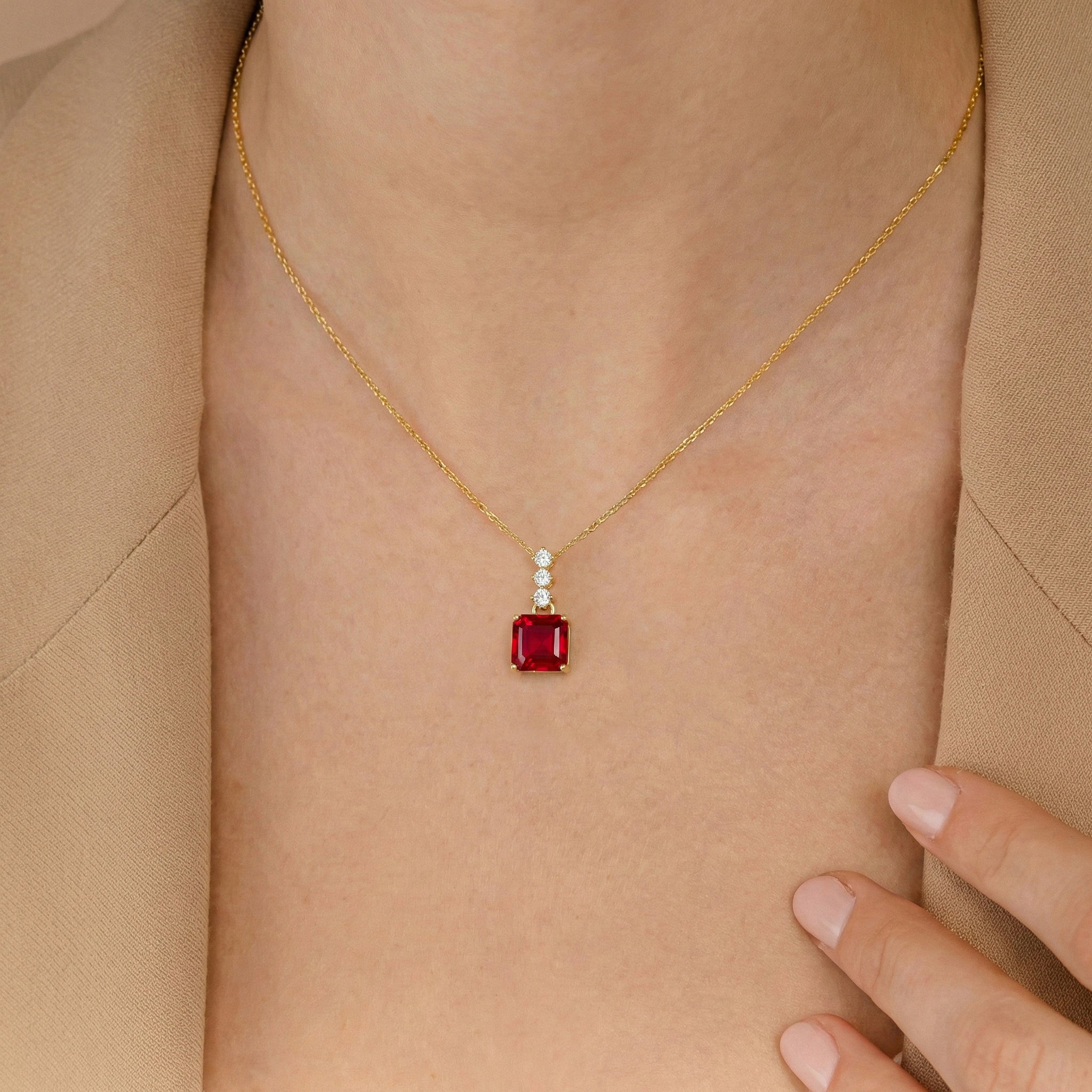 Ruby Octagon Solitaire Pendant Necklace in 925 Sterling Silver 8 MM 2ct