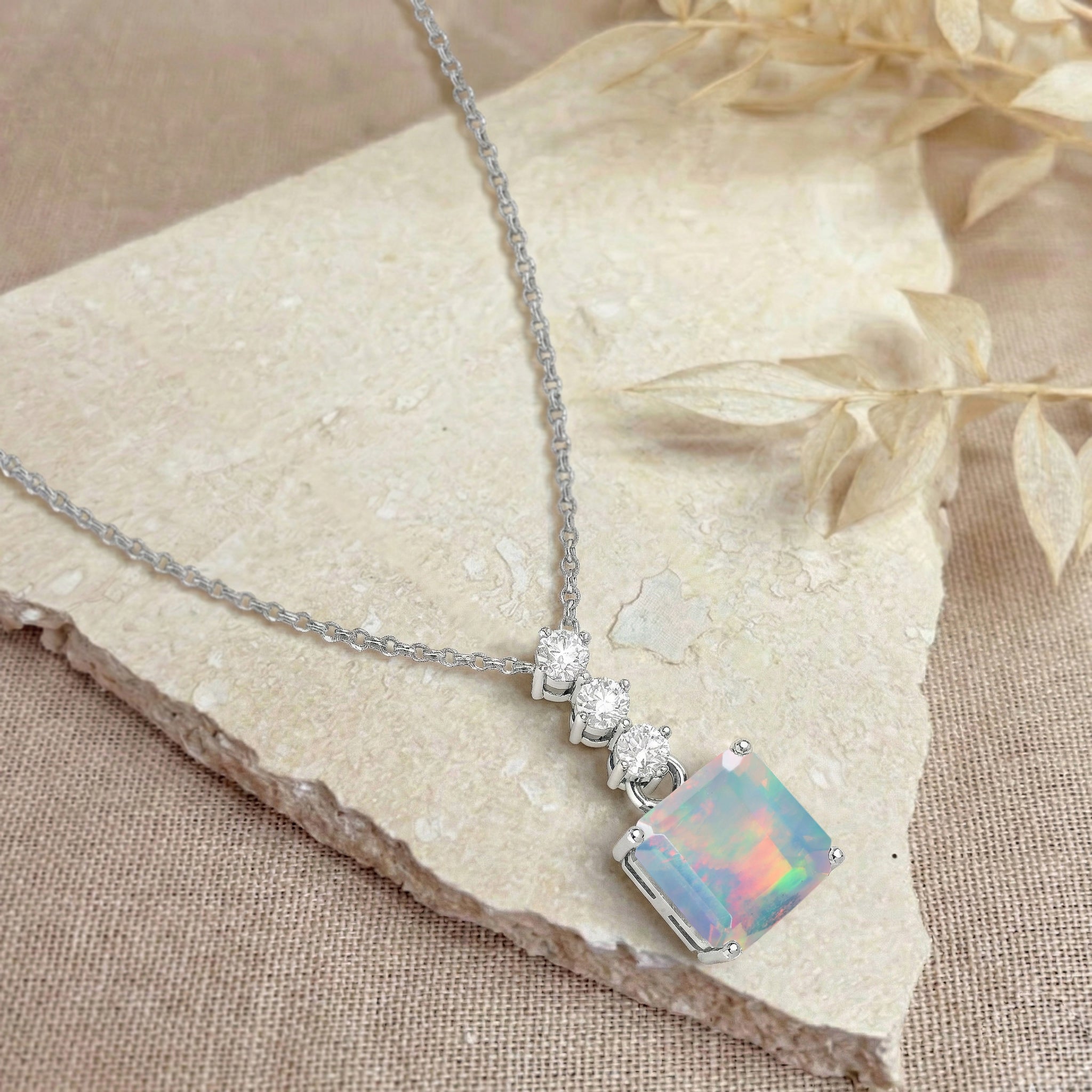 White Opal Octagon Solitaire Pendant Necklace in 925 Sterling Silver 8 MM 2ct