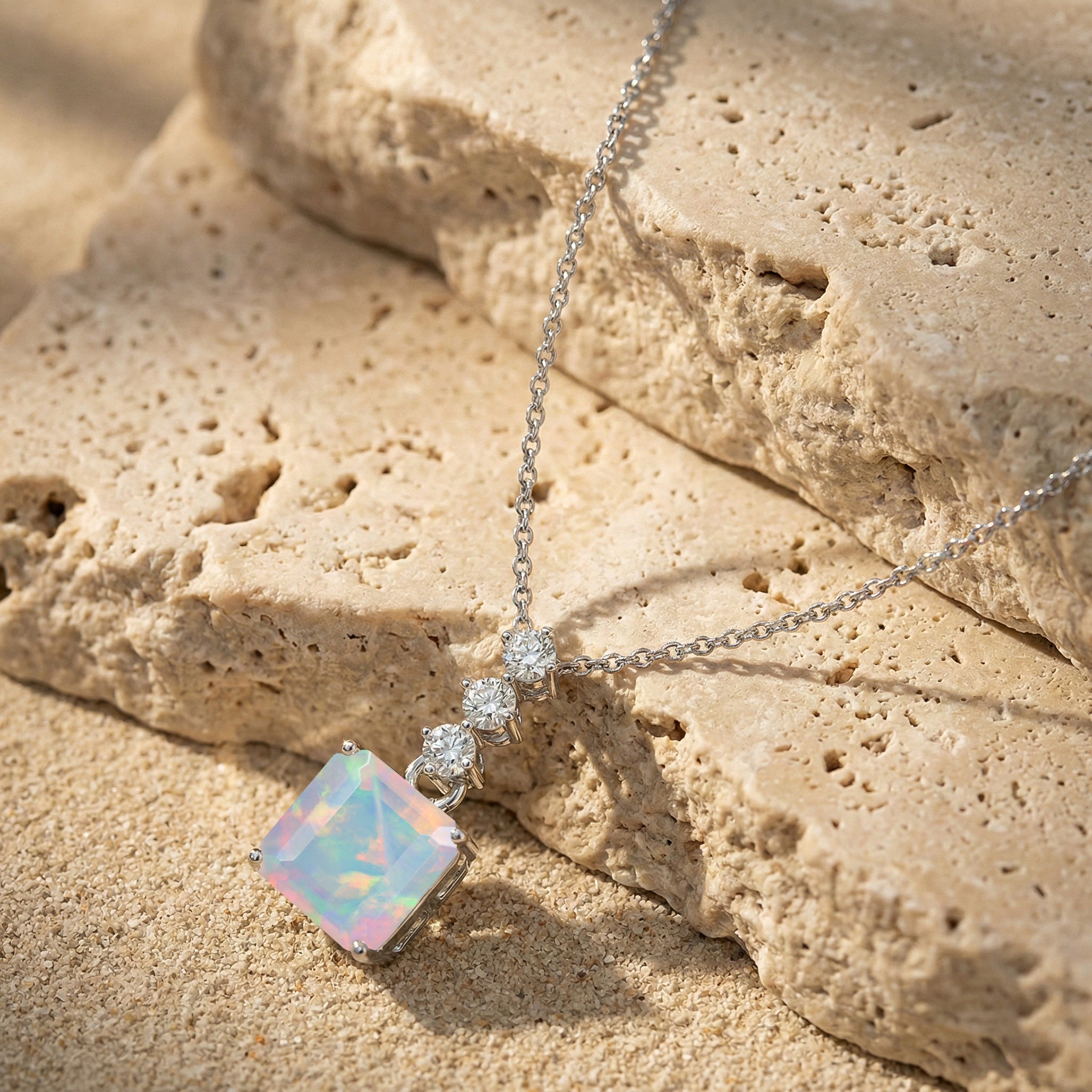 White Opal Octagon Solitaire Pendant Necklace in 925 Sterling Silver 8 MM 2ct