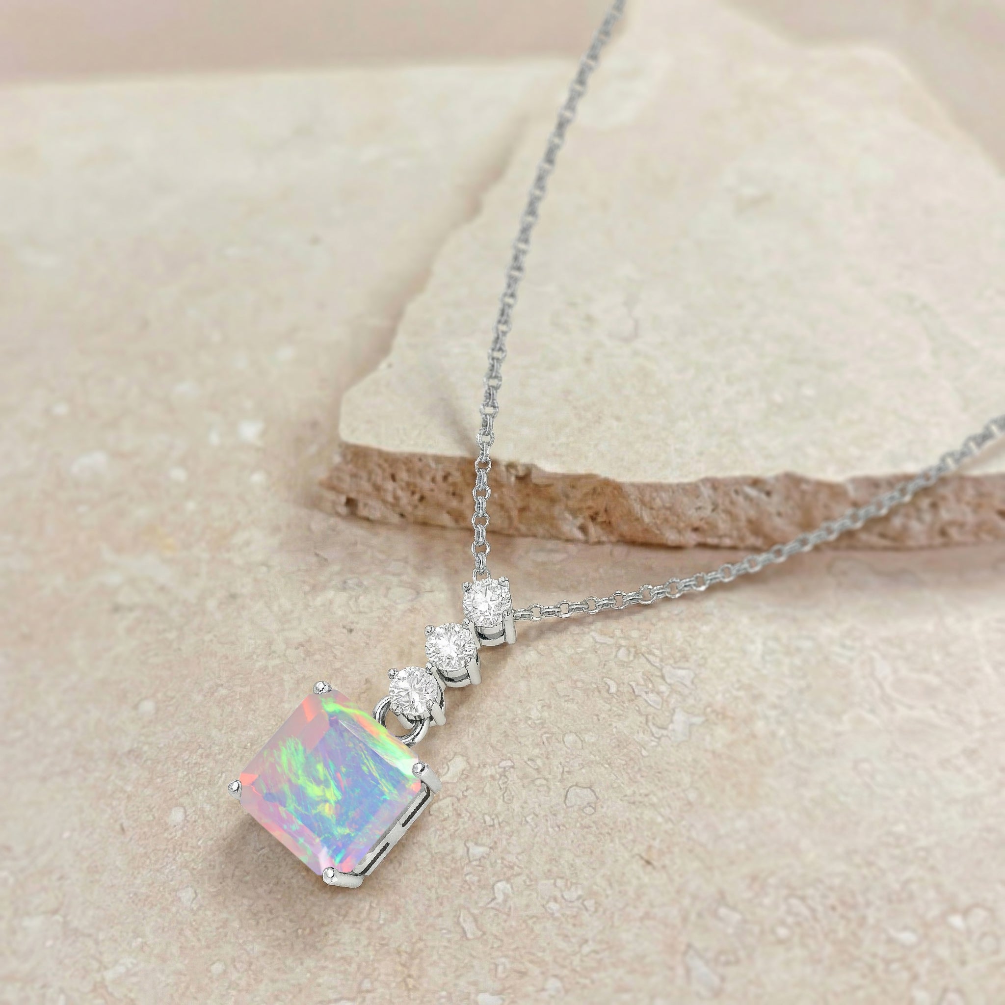 White Opal Octagon Solitaire Pendant Necklace in 925 Sterling Silver 8 MM 2ct