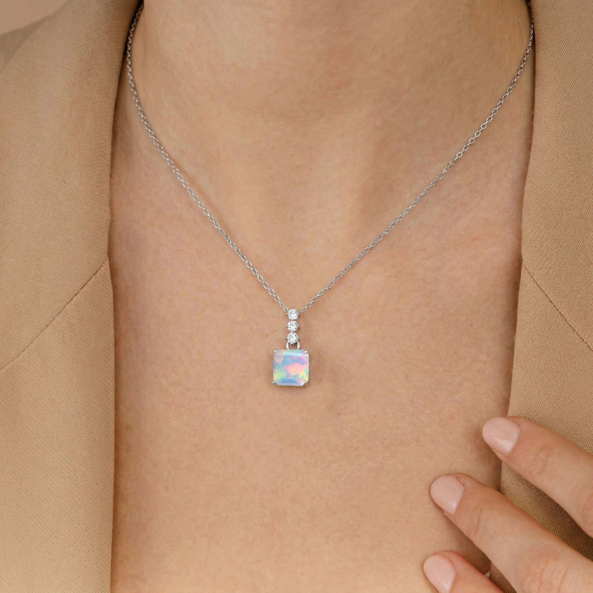 White Opal Octagon Solitaire Pendant Necklace in 925 Sterling Silver 8 MM 2ct