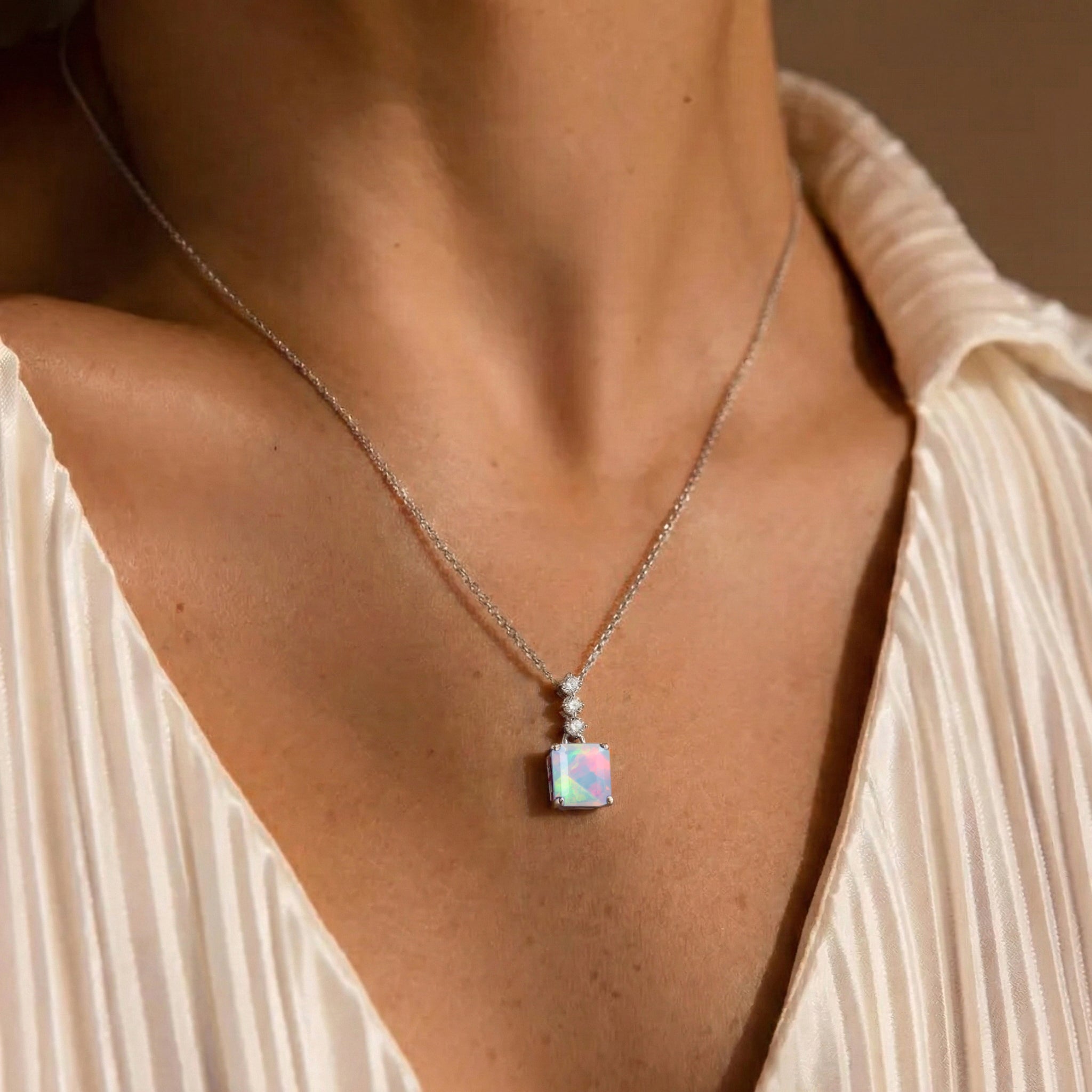 White Opal Octagon Solitaire Pendant Necklace in 925 Sterling Silver 8 MM 2ct