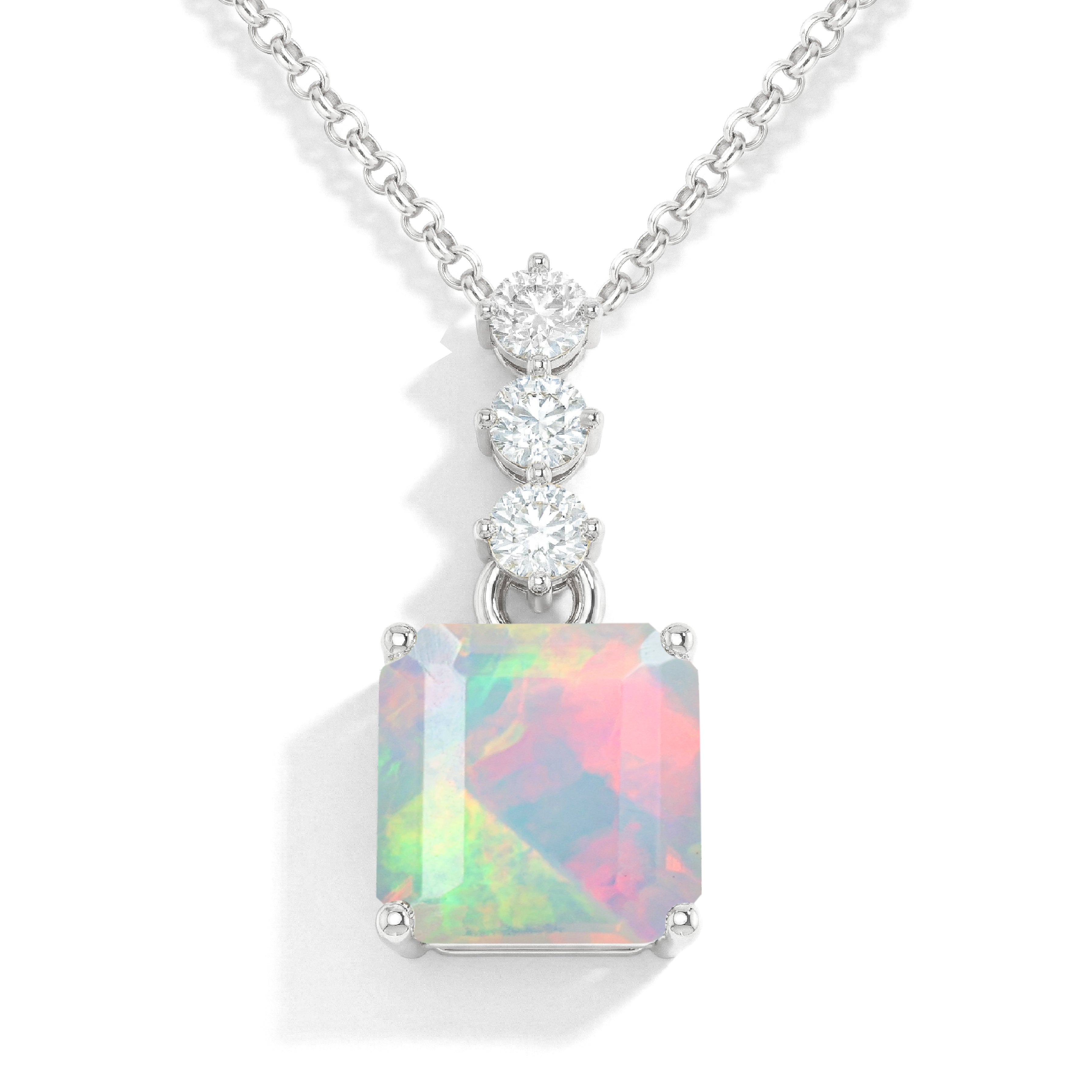 White Opal Octagon Solitaire Pendant Necklace in 925 Sterling Silver 8 MM 2ct
