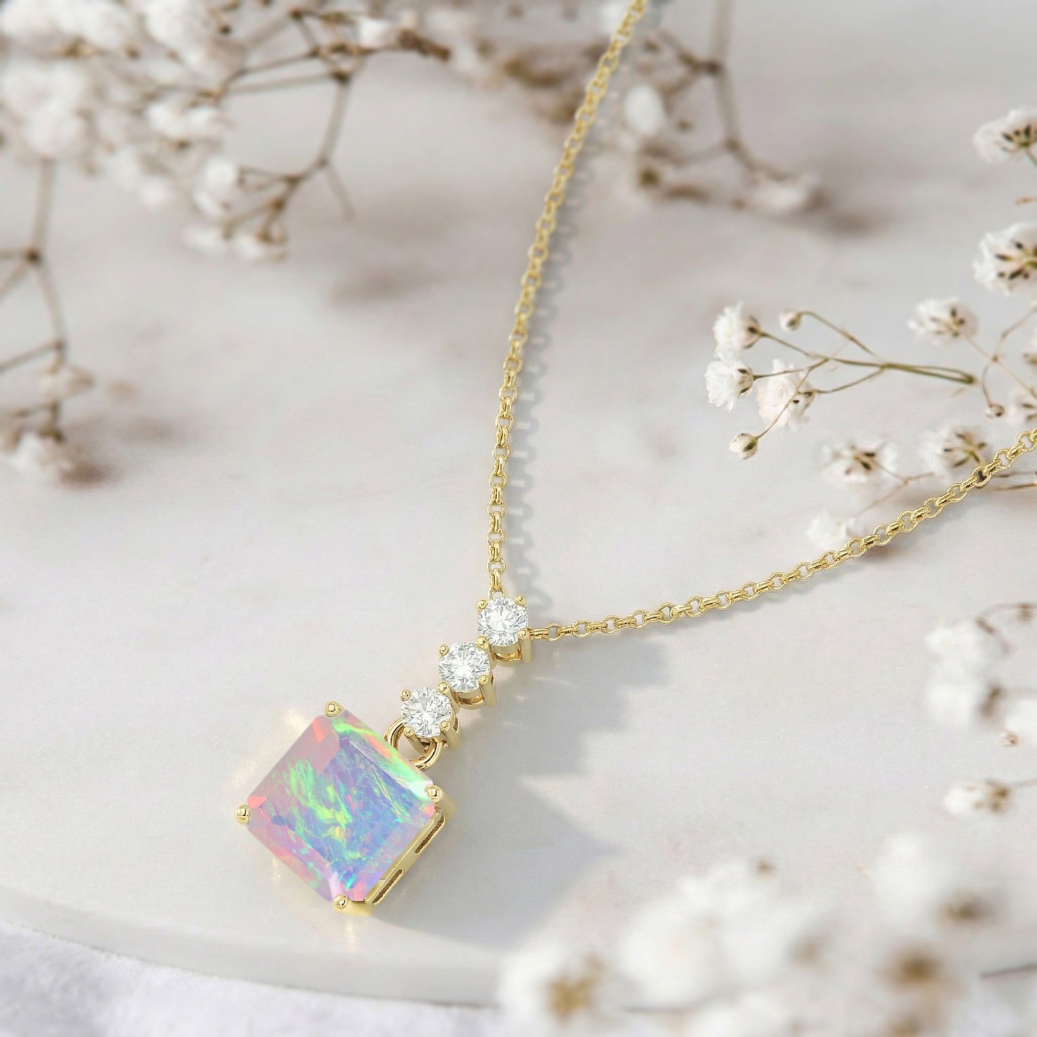 White Opal Octagon Solitaire Pendant Necklace in 925 Sterling Silver 8 MM 2ct