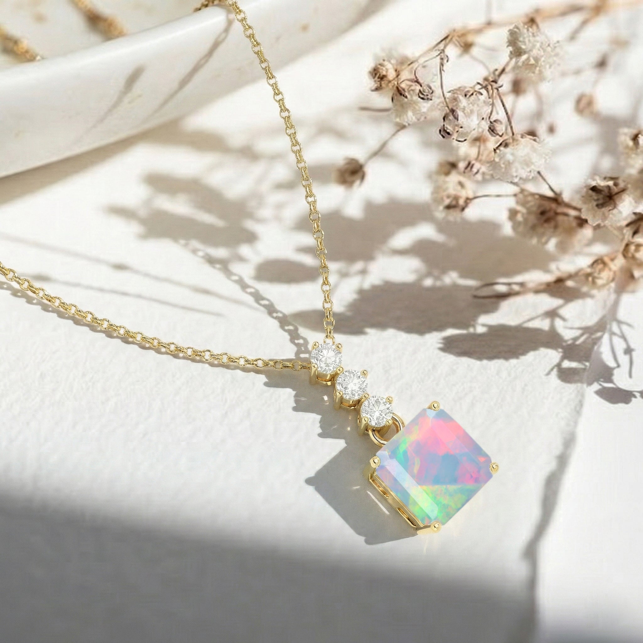 White Opal Octagon Solitaire Pendant Necklace in 925 Sterling Silver 8 MM 2ct