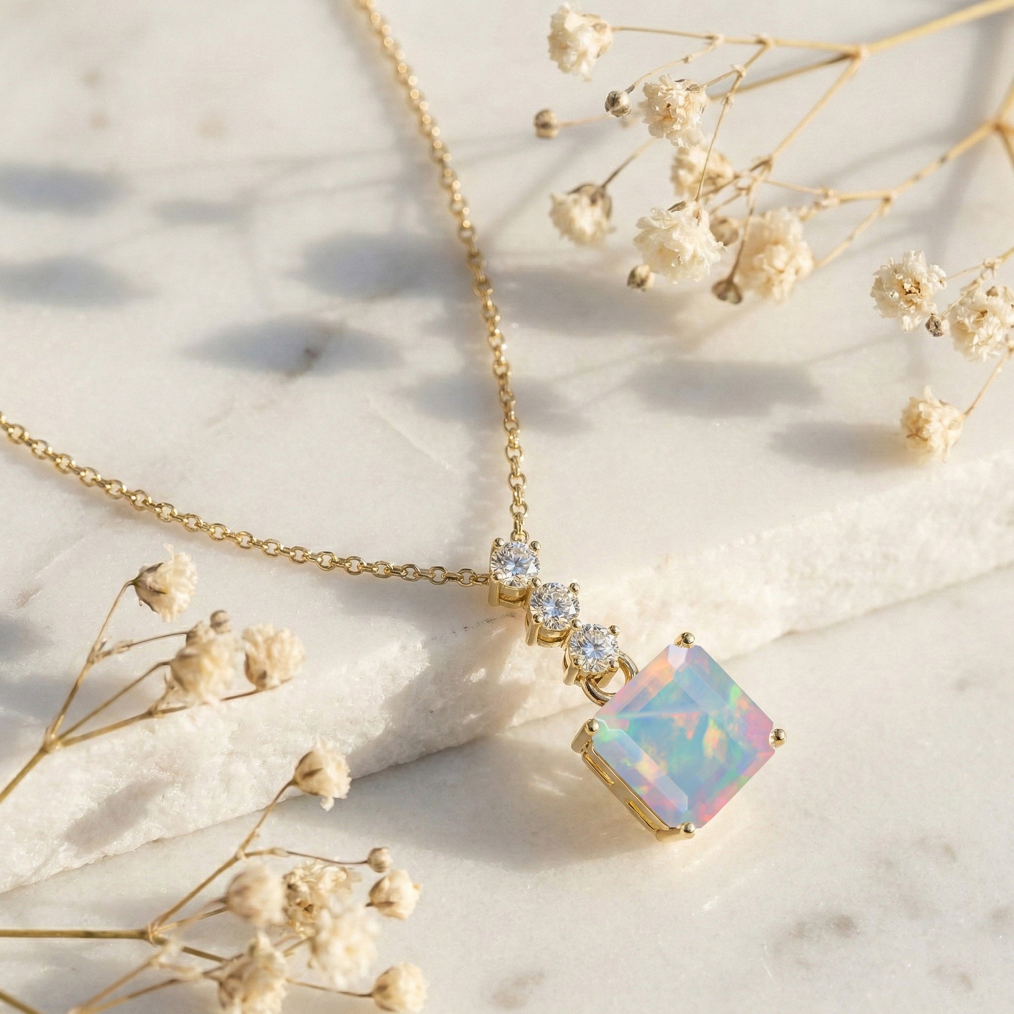 White Opal Octagon Solitaire Pendant Necklace in 925 Sterling Silver 8 MM 2ct