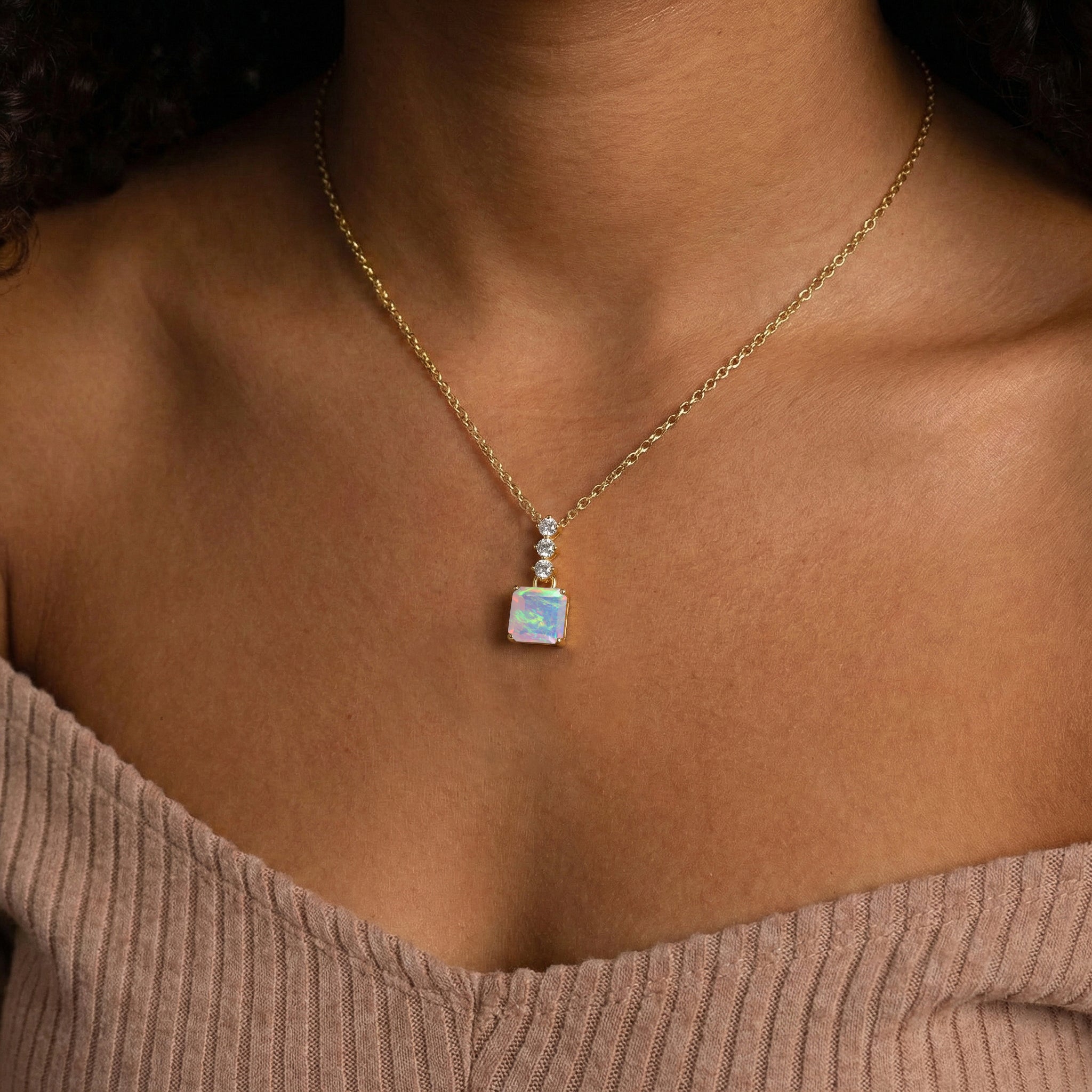 White Opal Octagon Solitaire Pendant Necklace in 925 Sterling Silver 8 MM 2ct